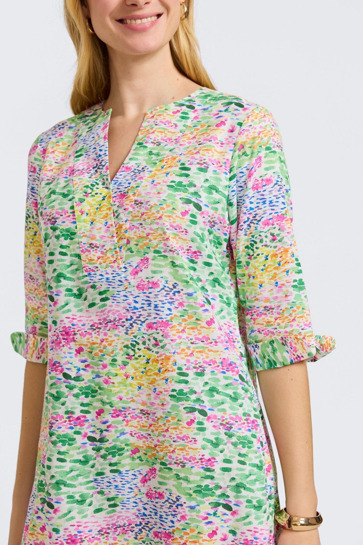 Vena Linen Impressionist Floral 3/4 Sleeve Dress - Women's Boho Summer Midi Dress for Beach, Garden Parties & Casual Outings