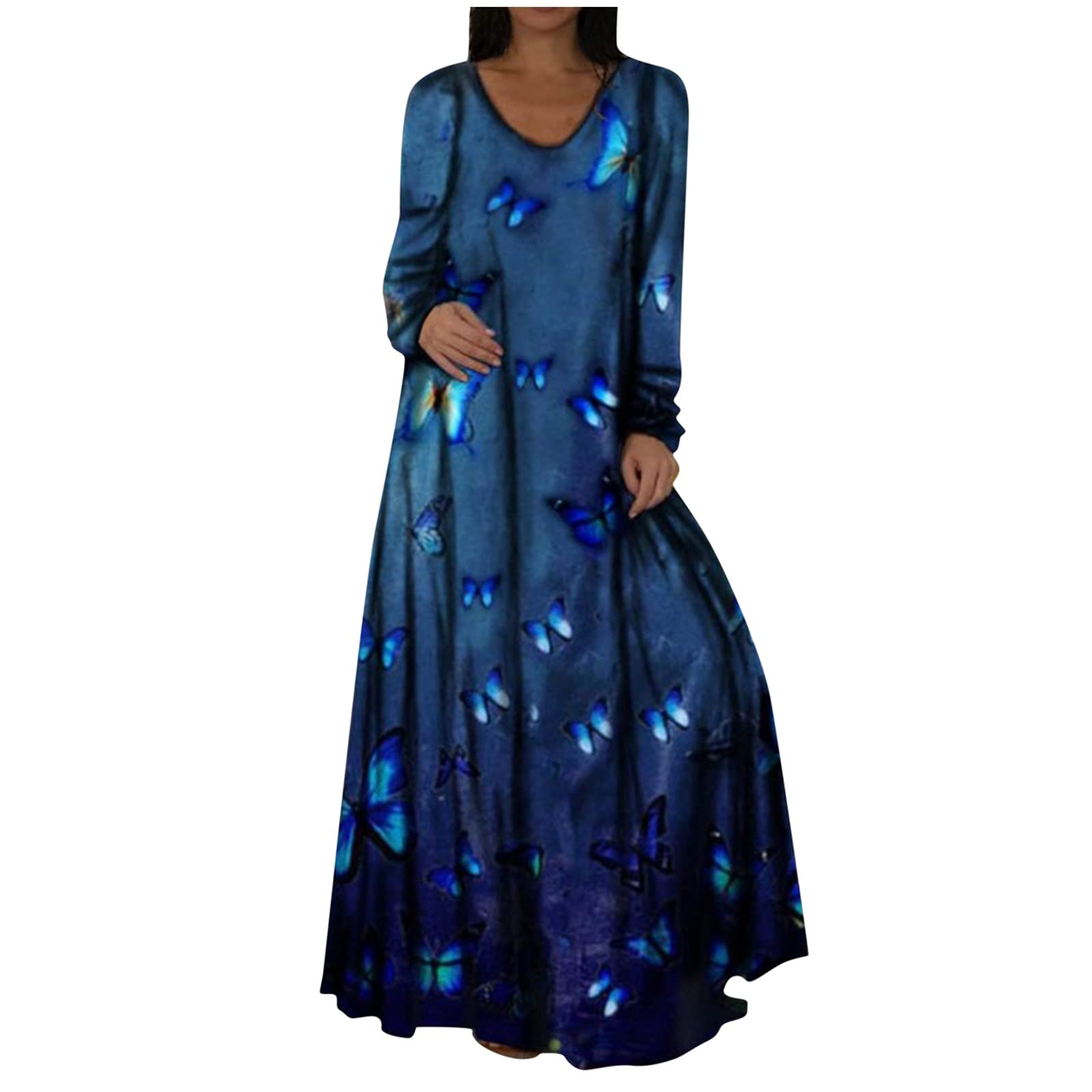 JUNGE 2021 Women's Plus Size Boho Maxi Dress - Floral Print V Neck Long Sleeve Lace Shirt Dress for Beach, Wedding & Casual Wear