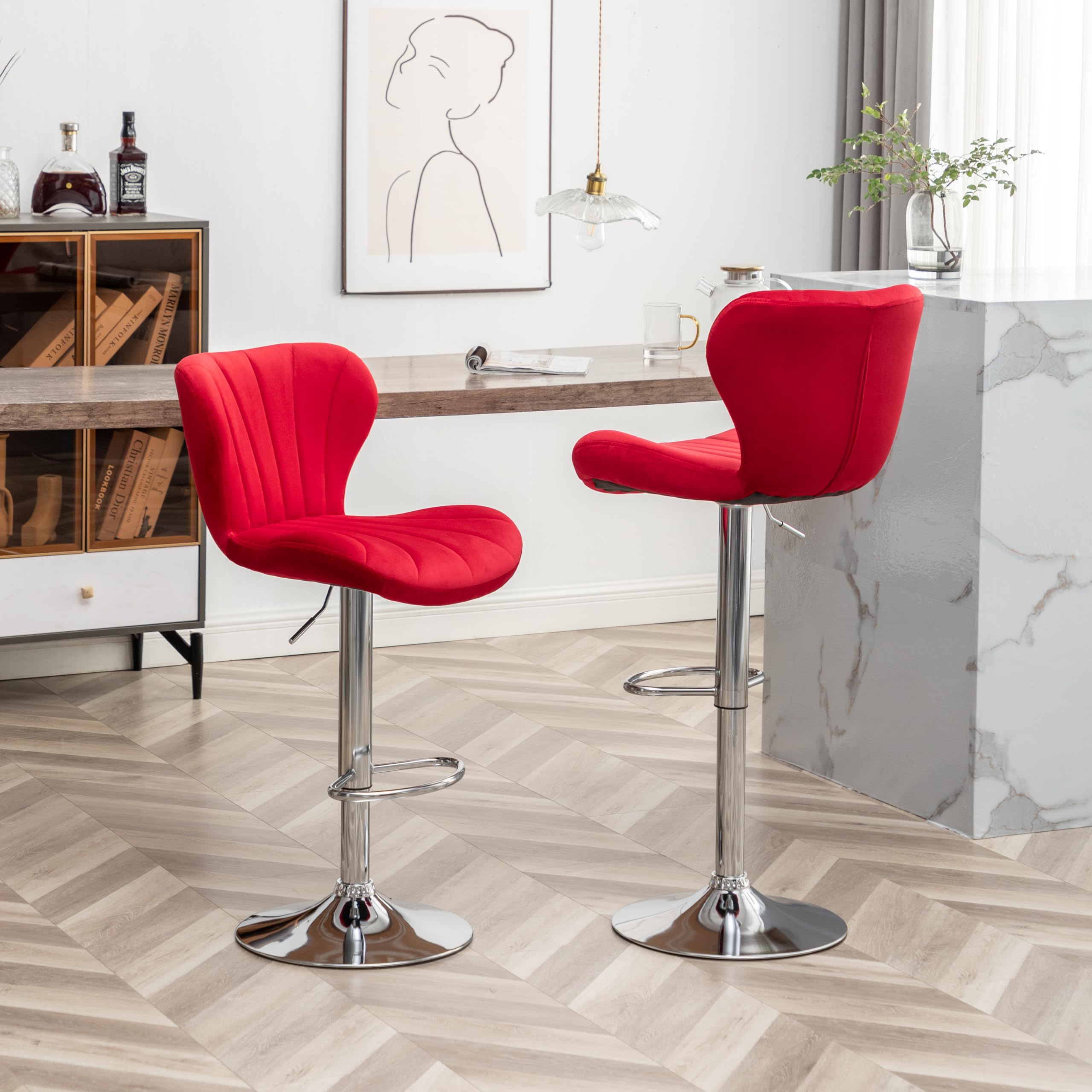 Roundhill Furniture Ellston Velvet Adjustable Swivel Bar Stools - Set of 2, Red Velvet Upholstered Counter Height Stools with Footrest - Perfect for Kitchen Island, Home Bar & Breakfast Nook