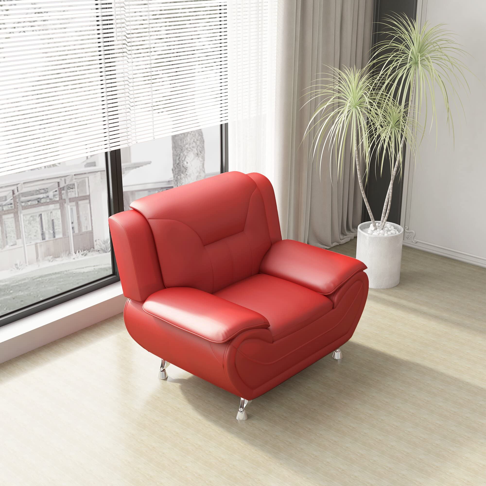 Michael Modern Faux Leather Upholstered Stainless Steel Legs Living Room Chair, Loveseat & Sofa Set in White Dove - Perfect for Contemporary Living Rooms, Offices and Lounge Areas