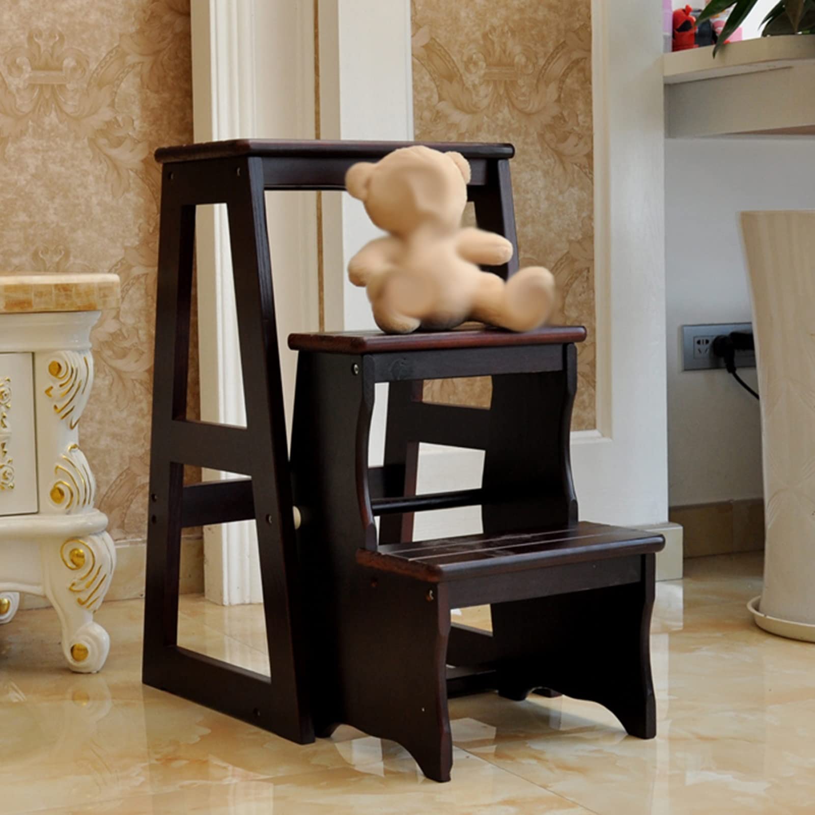 3-Step Wooden Ladder Stool for Home - Portable Indoor Climbing Step Stool for Bookshelf, Kitchen, Bathroom - Non-Slip Stepladder Chair for Kids & Adults
