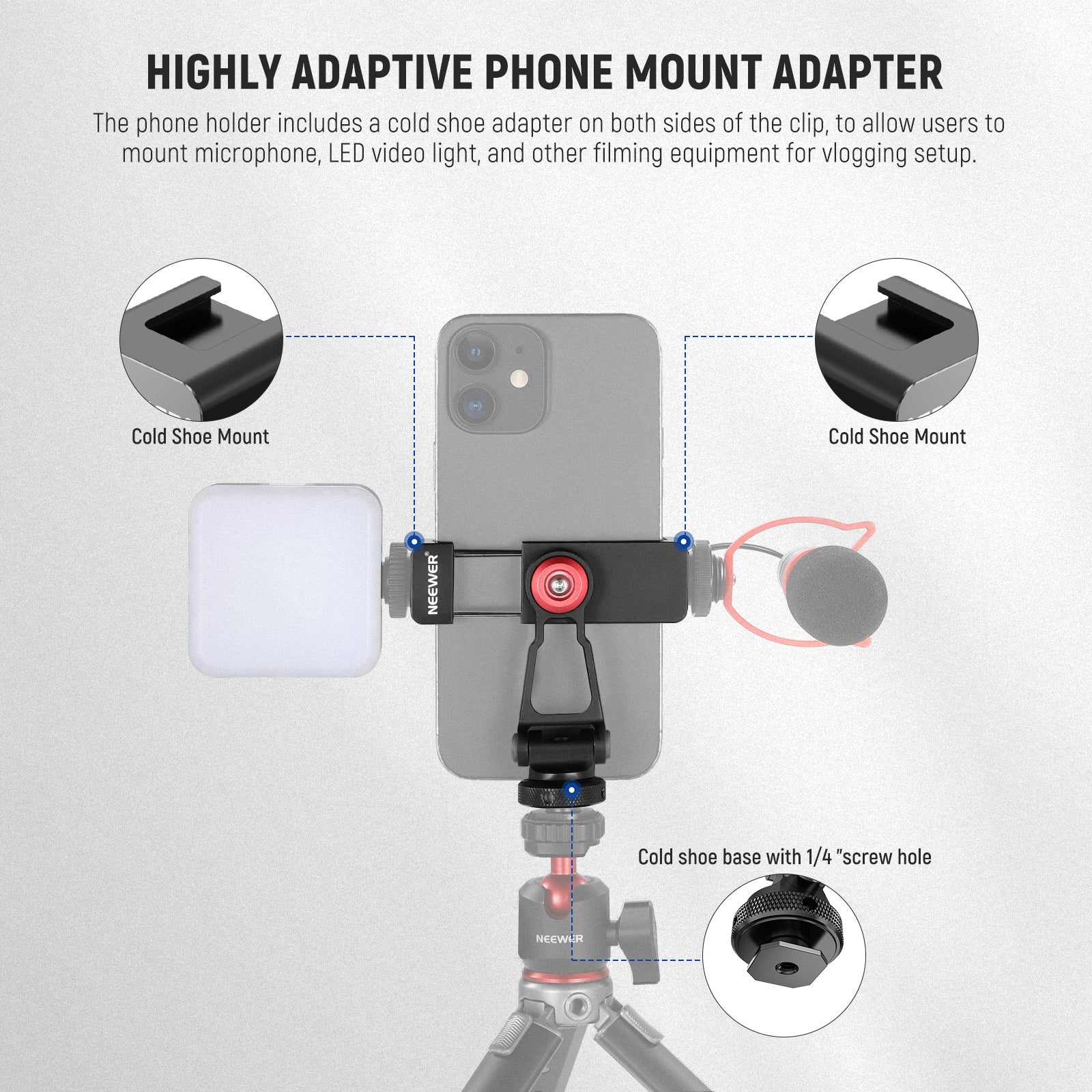 NEEWER PA001 Metal Phone Tripod Mount Adapter - Universal Smartphone Holder for DSLR Cameras & Tripods - Perfect for Vlogging, Photography & Live Streaming