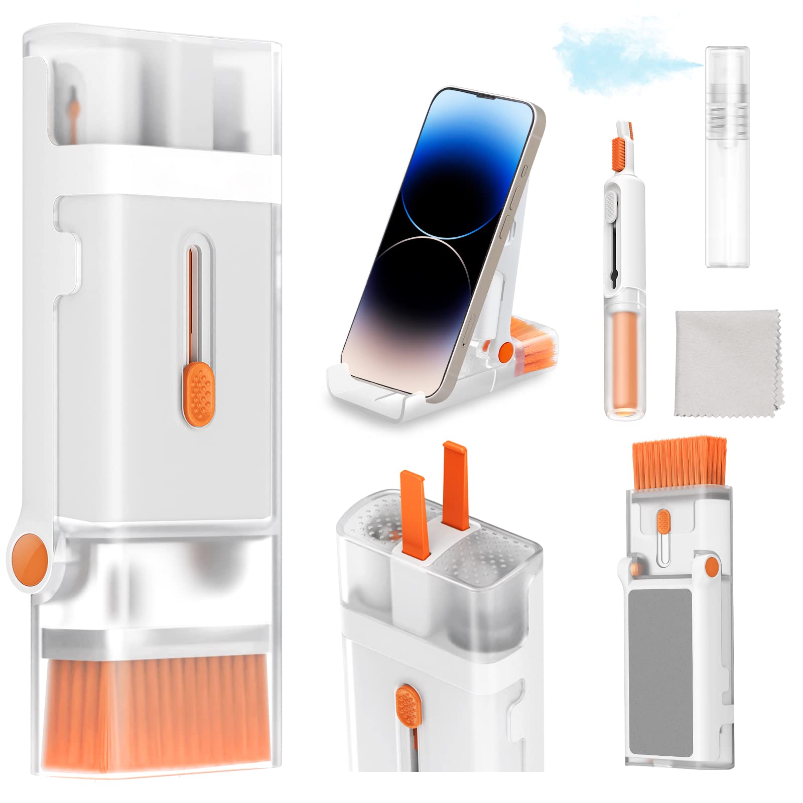 JiaTeums Keyboard Cleaner Kit with Microfiber Cloth & 5ml Mist Spray, Includes Cell Phone Stand - Ideal for Cleaning Laptops, MacBooks, iPhones, AirPods Pro, iPads, Headphones (Orange) - Perfect for Home, Office, and Travel Use