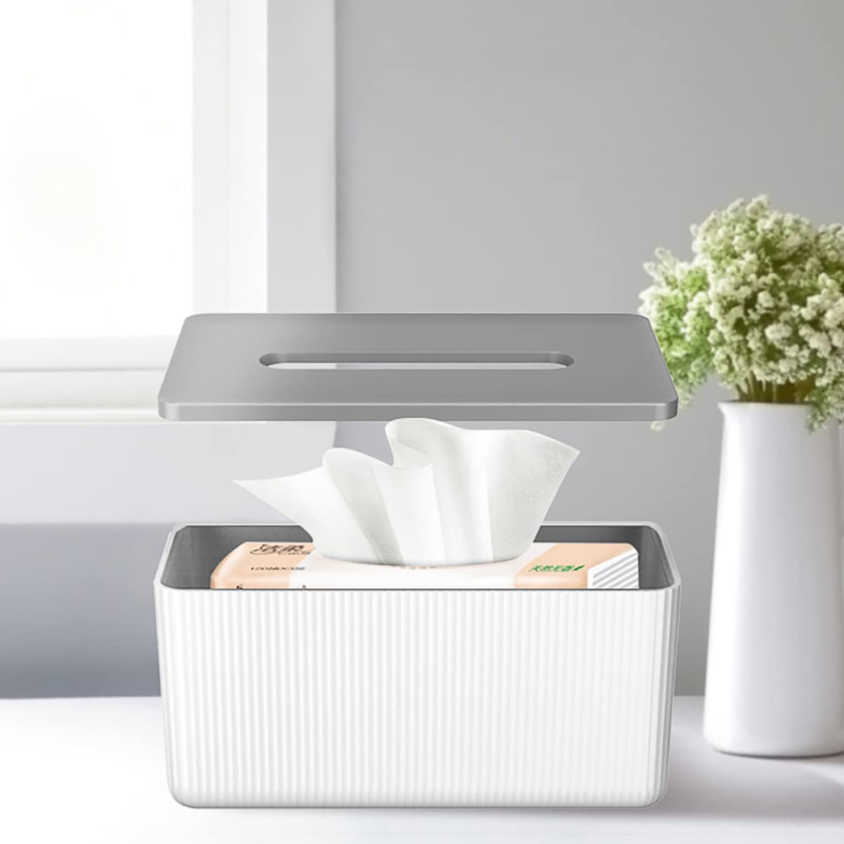 White Square Stand Storage Box - Black Rectangular Tissue Box Cover & Napkin Holder for Facial Tissues | Perfect for Bathroom, Living Room, and Office Organization