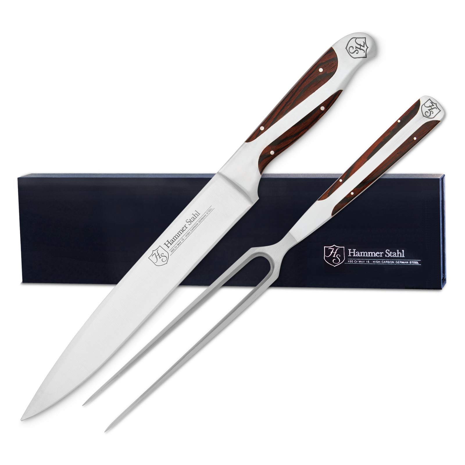 Premium German Forged High Carbon Stainless Steel Carving Knife and Fork Set - Professional Meat Carving Tools with Ergonomic Pakkawood Handle for Roast Beef, Turkey, Ham & Holiday Dinners