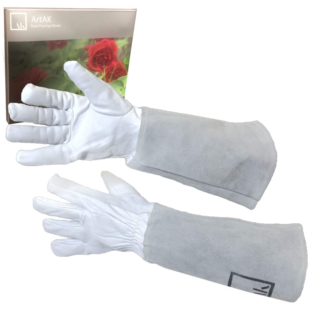 ArtAK Women's Leather Rose Pruning Gloves - Long Thorn Proof Gardening Gloves for Women, Cut Resistant Gauntlet Gloves for Rose Bush Care, White | Perfect for Rose Gardening, Landscaping & Outdoor Plant Protection