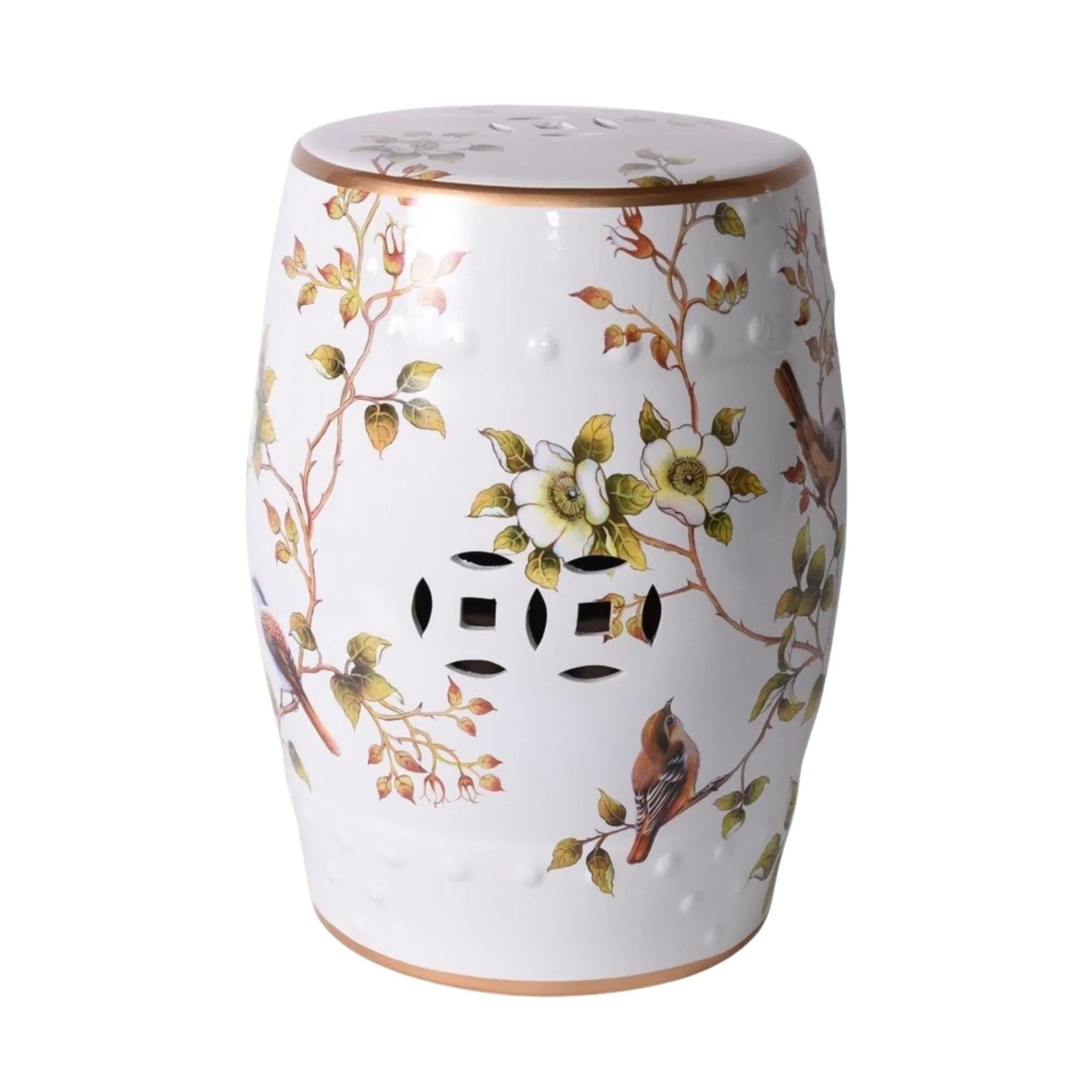 Exquisite Floral & Bird Cream Porcelain Garden Stool - Handcrafted Outdoor Decor for Patio, Garden & Home Décor