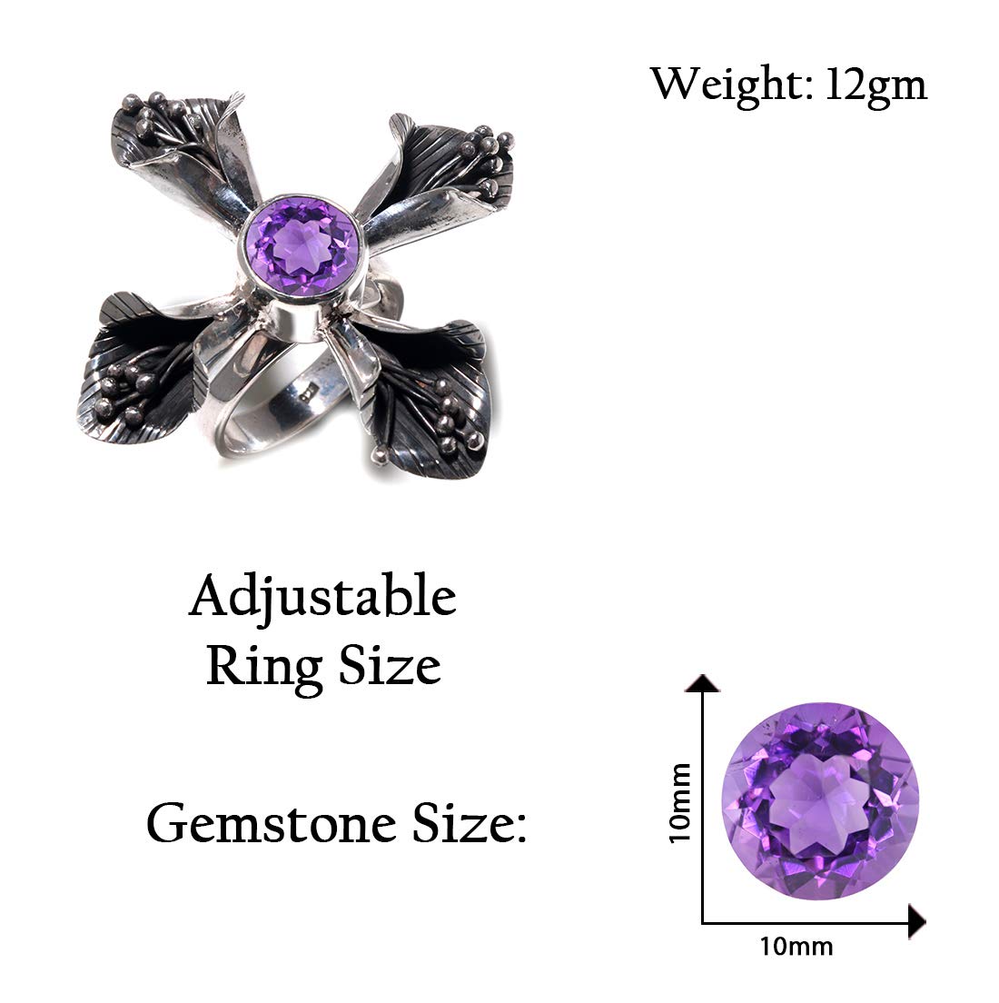 925 Sterling Silver Amethyst Flower Ring - Handmade Purple Gemstone Jewelry for Women, Gifts, Anniversary & Wedding | Perfect for Parties, Date Nights & Special Occasions