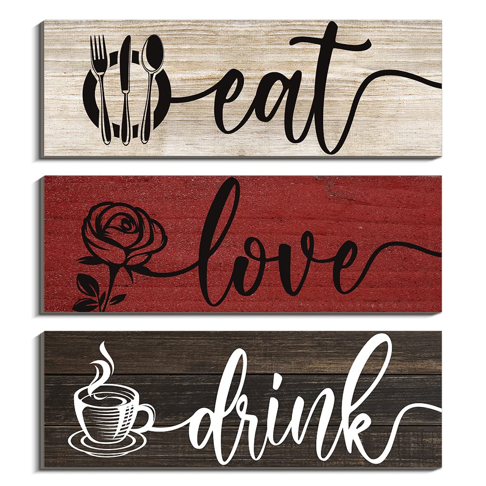 3-Piece Eat Love Drink Wooden Wall Art Plaque - Rustic Farmhouse Kitchen Decor for Dining Room, Los Colores - Perfect Christmas Gift & Home Accessories | Ideal for Kitchen Wall Decor, Dining Room Hanging Signs, and Farmhouse Style Home Accents