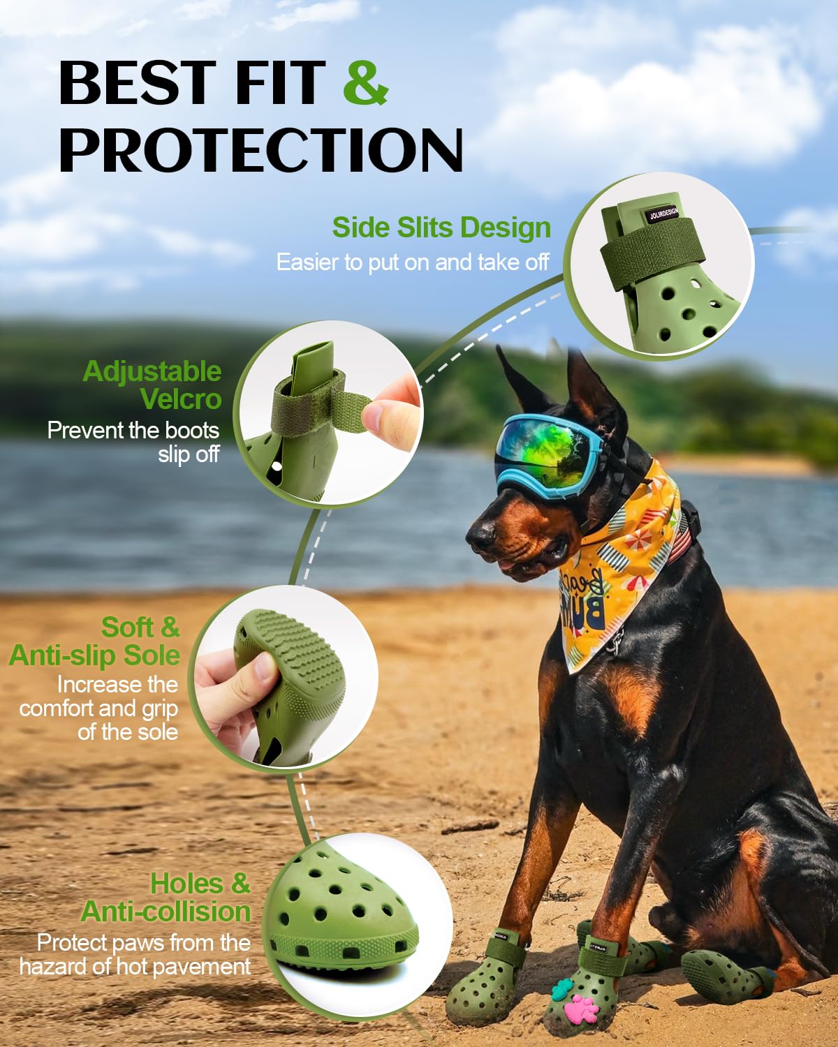 **Non-Slip Waterproof Dog Boots for Hot Pavement & Snow - Paw Protectors for Small, Medium & Large Dogs | Easy ON/OFF, Durable & Easy-Clean | Perfect for Beach, Hiking & Winter Walks (Olives, Large)**