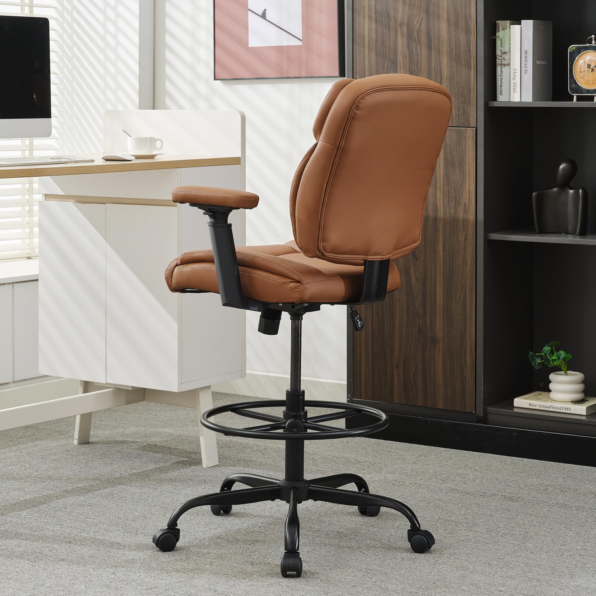 Premium 500 LBS Big & Tall Drafting Chair - Adjustable Leather Office Chair with Mid Back, Swivel Base & Foot Ring - Ergonomic Standing Desk Stool for Architects, Artists & Home Office Workspaces