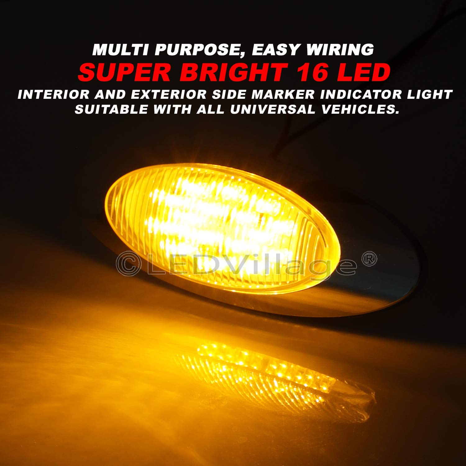 6.5 Inch Clear Lens Amber LED Side Marker Light with Chrome Bezel - 16 LED Clearance Lamp 12V DC for Trailer, Caravan, Pickup & Tow Truck - Durable & Bright Safety Lighting [Pack of 10] - Perfect for Night Driving, Road Visibility & Vehicle Compliance