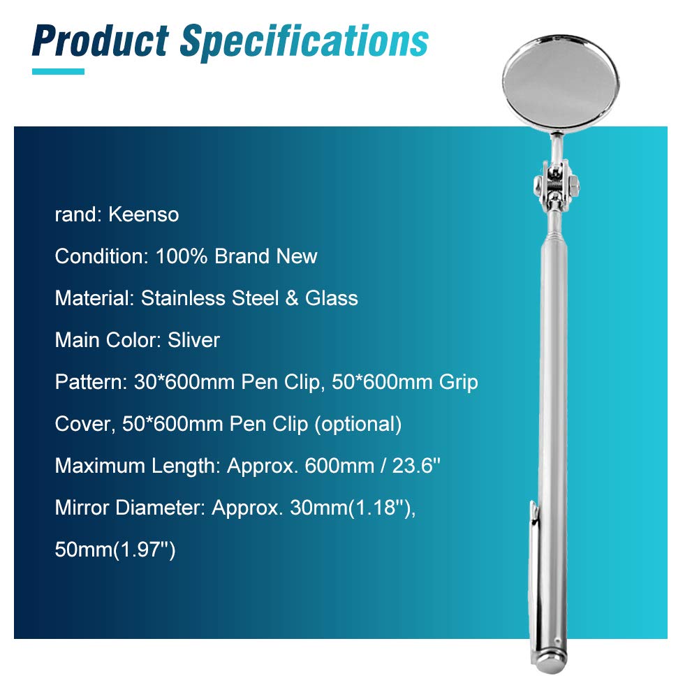 Retractable Telescopic Inspection Mirror for Automotive & Mechanics - 30x600mm Round Handle with Pen Clip | Perfect for Engine Repair, Under-Car Inspections & Hard-to-Reach Areas