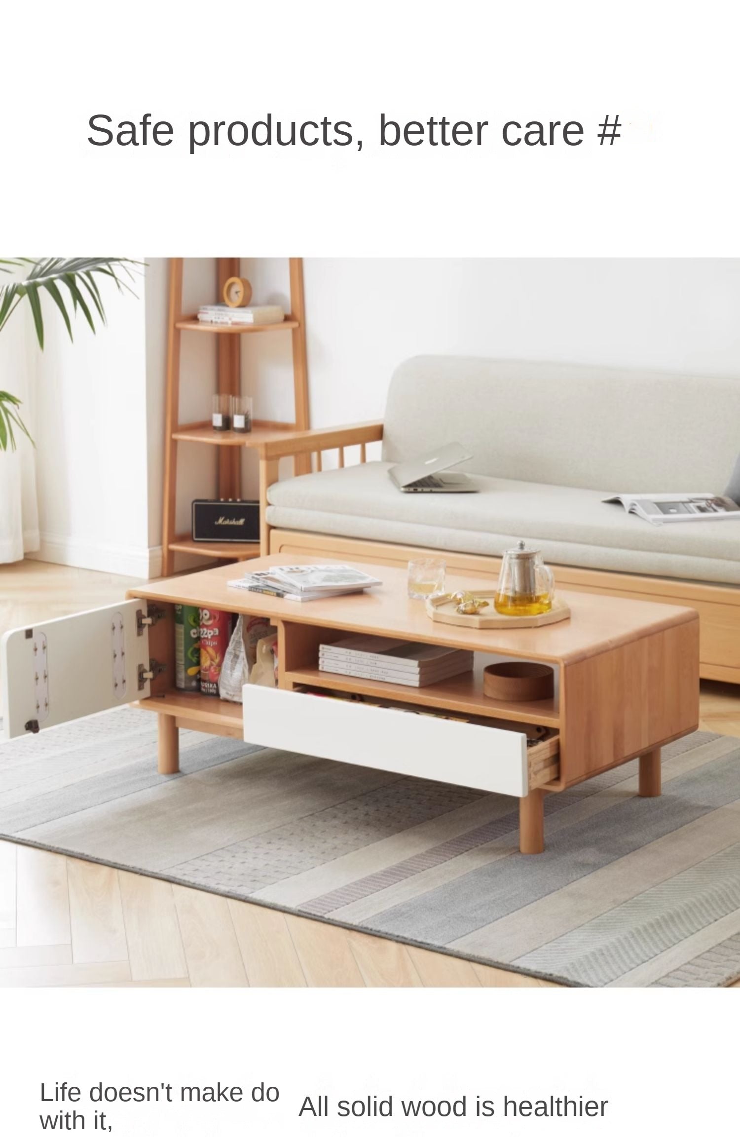 Solid Beech Wood Coffee Table - Rustic Warm Brown Finish for Living Room, Lounge & Home Decor