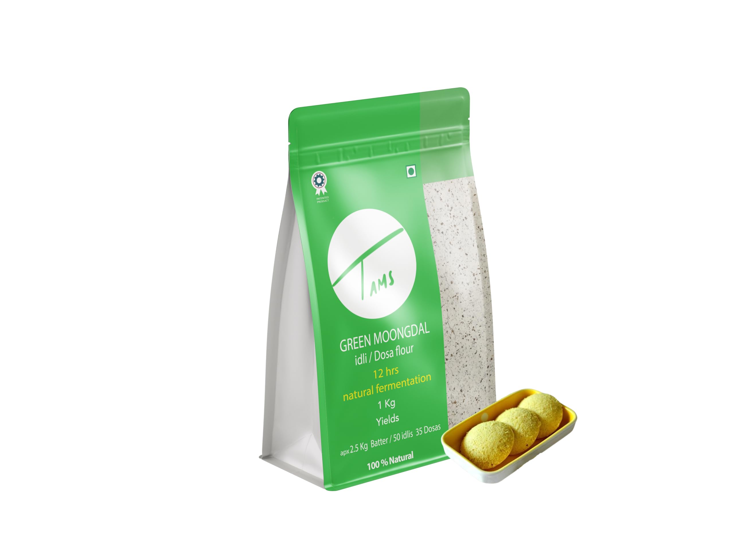 Organic Tams Green Moong Dal Idli & Dosa Flour 1kg - Makes 2.5kg Batter (60 Idlis) | India's First Naturally Fermenting Flour | 6-Month Shelf Life | No Additives, Chemicals or Yeast | Easy Homemade Batter in 10-12 Hours | Perfect for Soft, Healthy South Indian Breakfast | Vegan & Gluten-Free | Ideal for Idli, Dosa, Uttapam and More