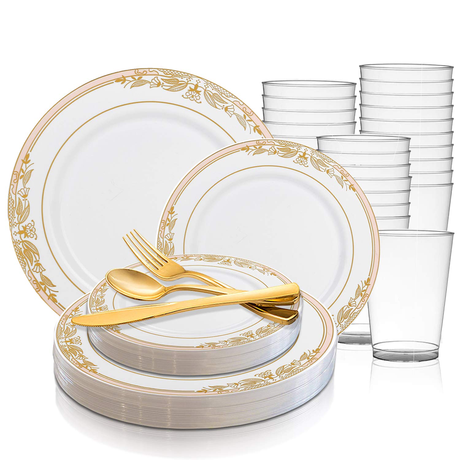 Elegant Disposable Plastic Dinnerware Set for 60 Guests - White with Pink & Gold Round Plates, Dessert/Salad Plates, Gold Silverware & Cups | Perfect for Weddings, Birthday Parties, Baby Showers & Special Events
