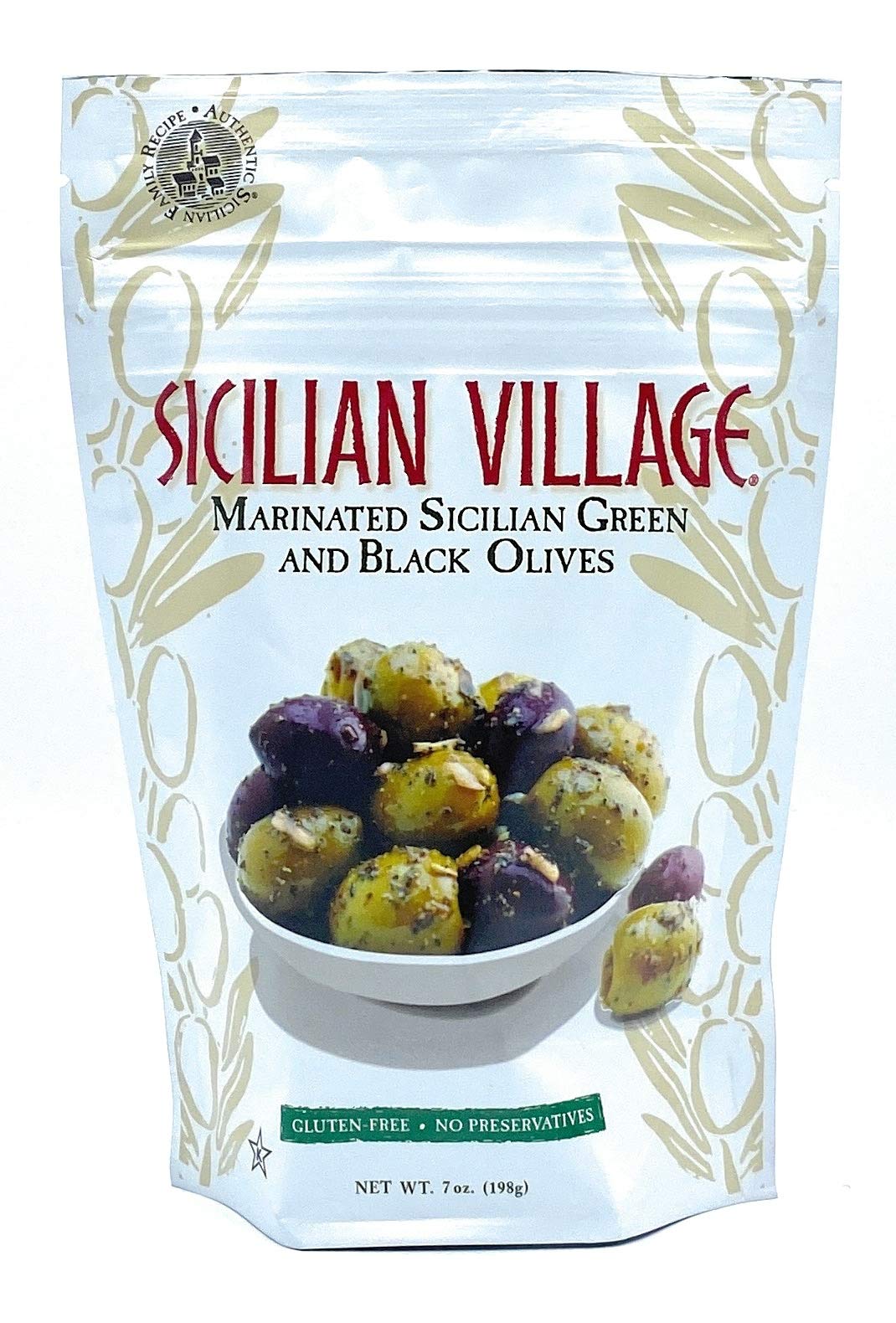 Premium Sicilian Village Marinated Green & Black Olives - 7oz Jar | Gourmet Italian Antipasto, Charcuterie Board & Mediterranean Cooking Ingredient