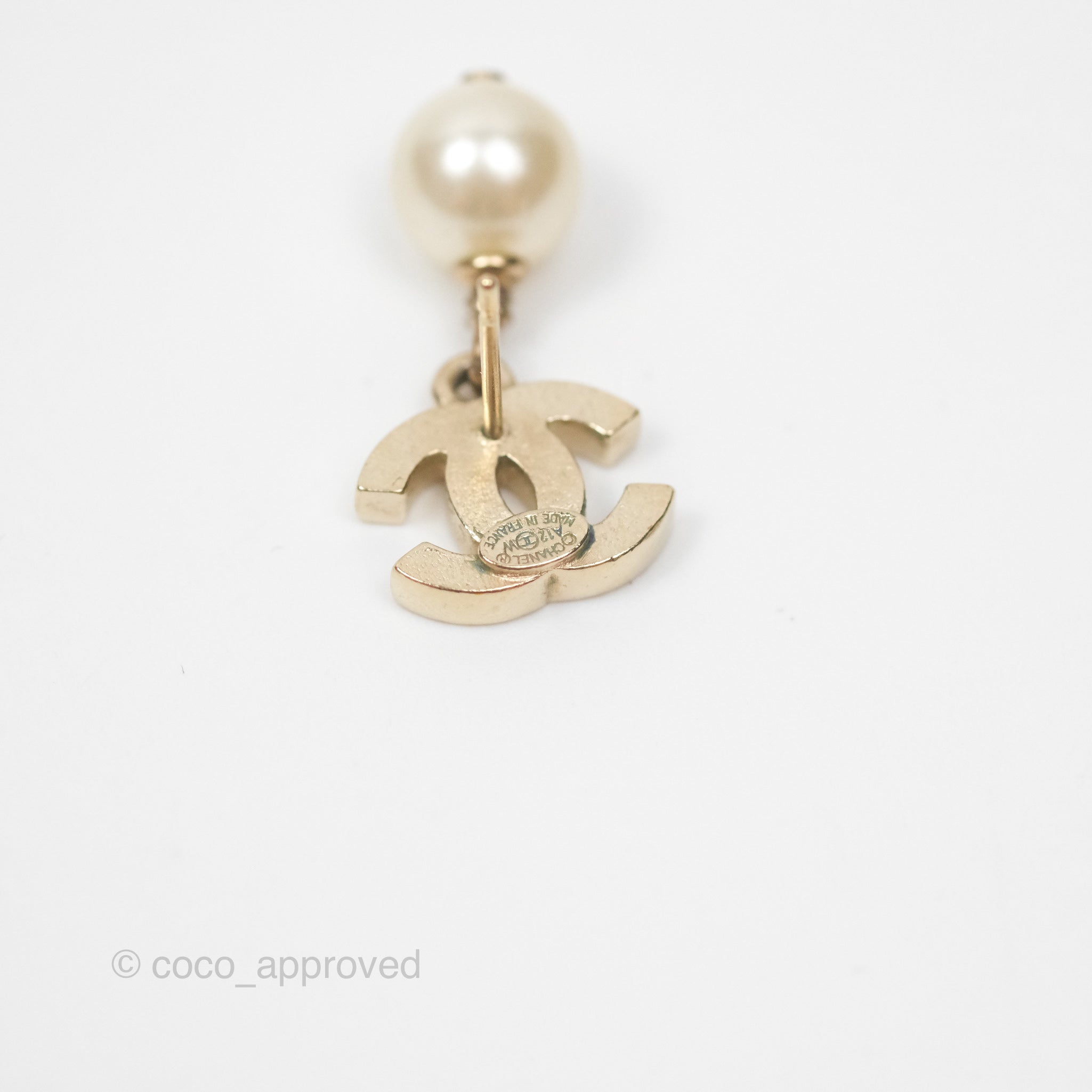 Chanel CC Pearl Drop Earrings - Gold Tone 12W Elegant Fashion Jewelry for Women | Perfect for Parties, Weddings & Special Occasions