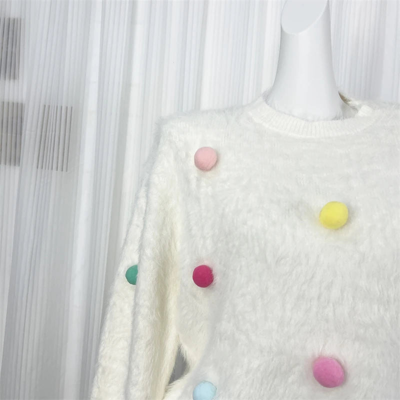 Women's White Mink Fur Ball Decor Short Knit Sweater - Round Neck Long Sleeve Pullover Top for Autumn Winter | Casual Streetwear & Vacation Outfit
