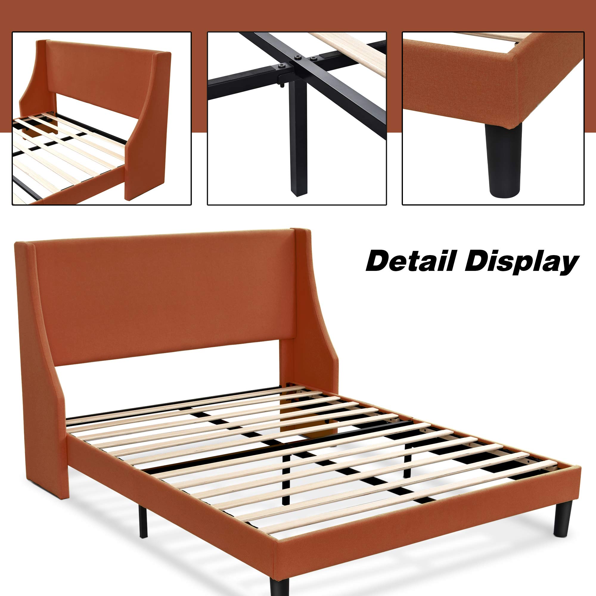 HOOMIC Full Size Bed Frame with Headboard - Modern Fabric Upholstered Wingback Platform Bed | Sturdy Wood Slat Support | No Box Spring Needed | Easy Assembly | Burnt Orange | Perfect for Master Bedrooms, Guest Rooms & Small Spaces