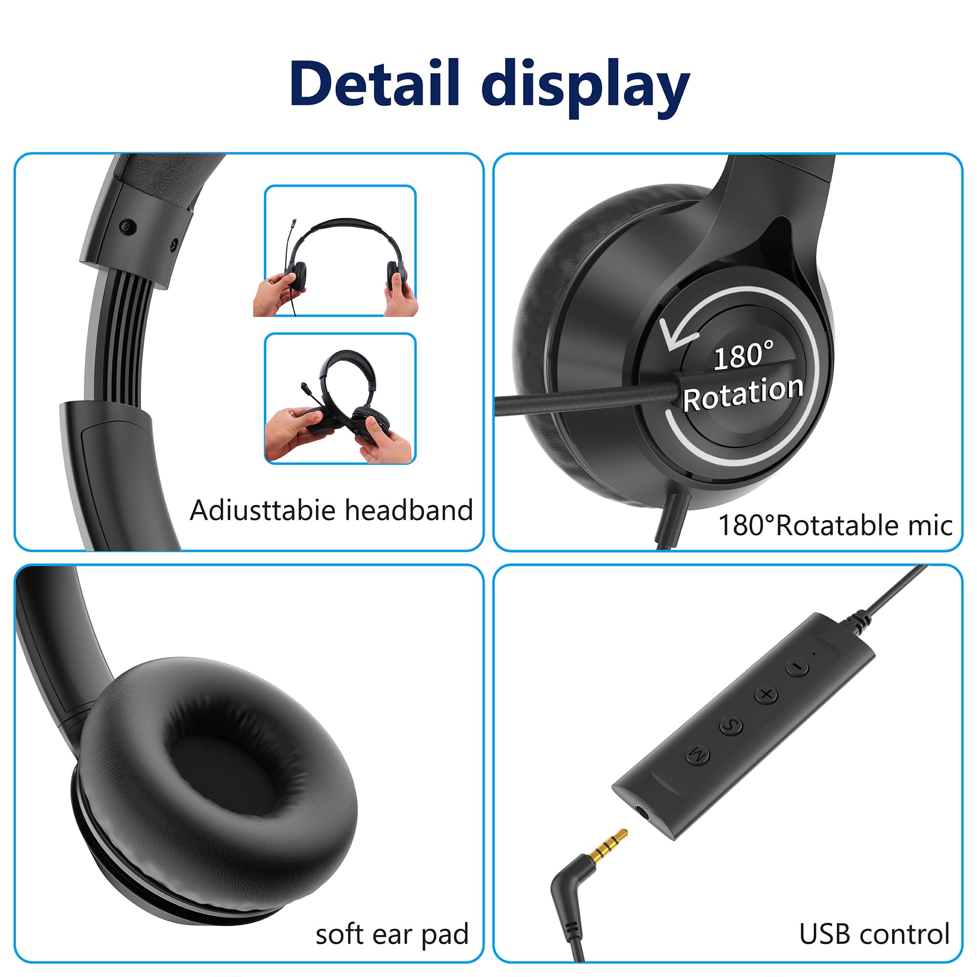 Noise Cancelling USB Headset with Microphone & Audio Controls - 3.5mm/USB Dual Jack Computer Headphones for Office, Call Center, Online Teaching, Skype/Zoom Meetings, Business Chat & Remote Work (Black)