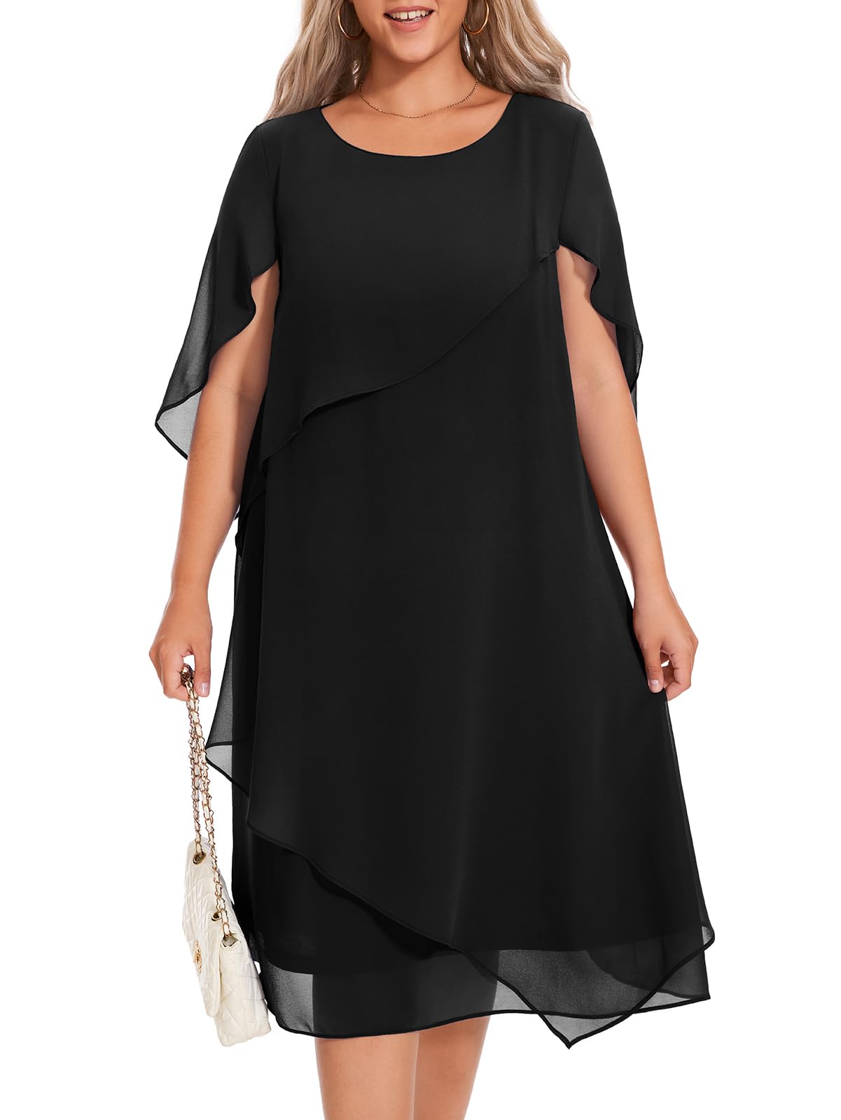 Elegant Plus Size Cape Dress with Chiffon Overlay for Women - Wedding Guest & Cocktail Party Attire | Perfect for Formal Events, Evening Galas, and Special Occasions