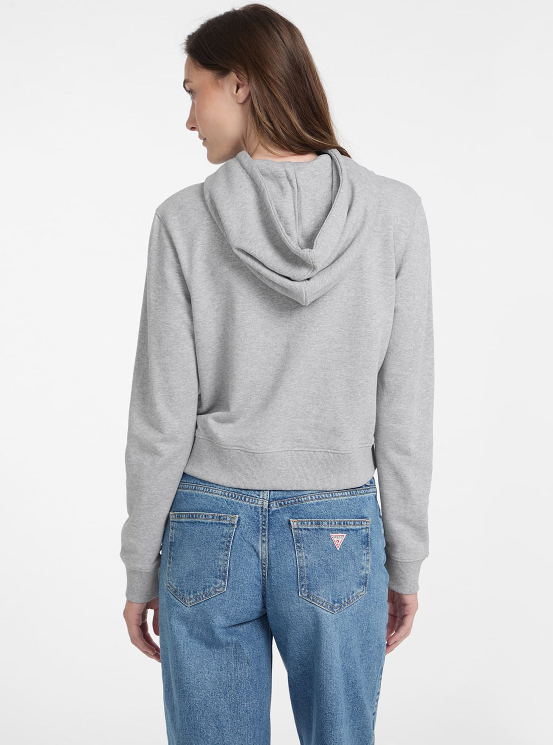 Guess Jeans Grey Crop Hoodie with Print - Women's Casual Pullover Sweatshirt for Streetwear & Loungewear