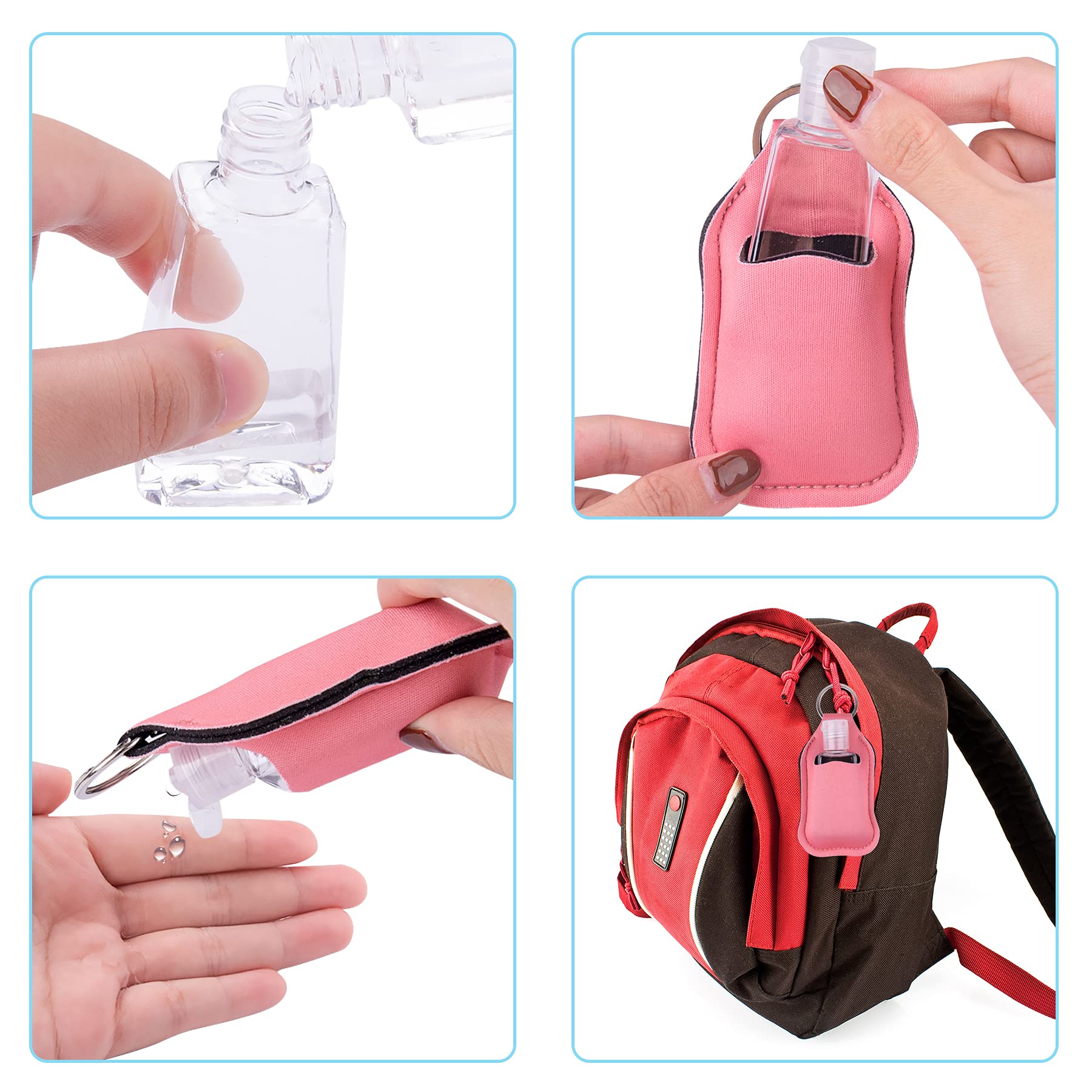 Duufin 60 Pack Hand Sanitizer Keychain Holders & Empty Travel Bottles Set - 30 Reusable Clear Bottles + 30 Sanitizer Holders for Backpack, Purse - Perfect for Travel, Gym, Office & Daily Hygiene