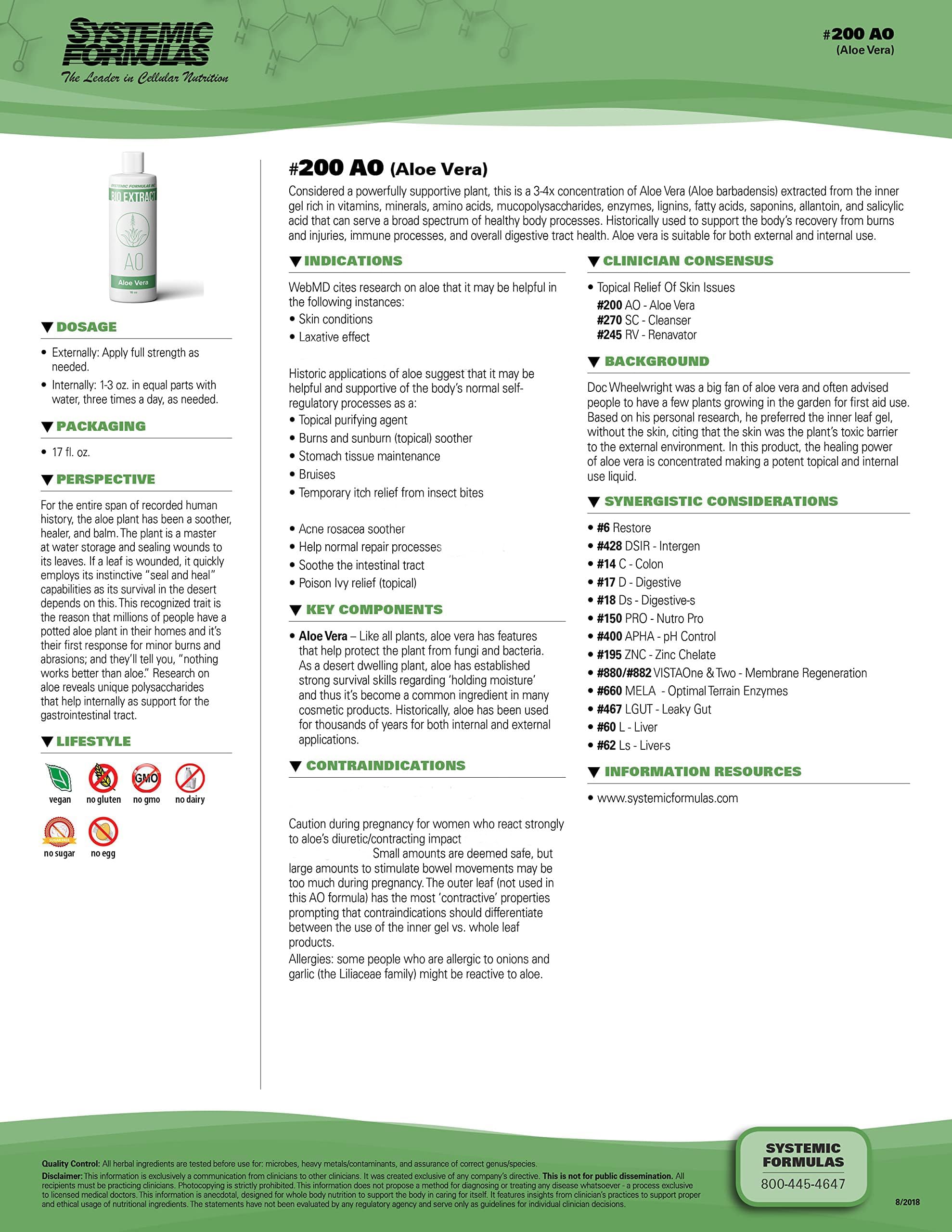 Systemic Formulas AO – Aloe Vera 16 Fl Oz BioExtract #200 | 3-4x Concentrated Inner Gel Extract | Supports Digestive Health & Skin Care | Perfect for Daily Wellness & Topical Application