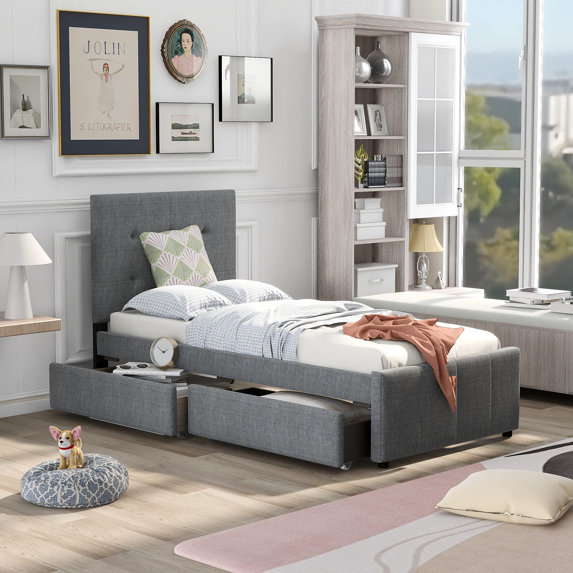 Polibi Twin Size Linen Upholstered Platform Bed Frame with Storage Drawers & Button Tufted Headboard - No Box Spring Needed, Modern Bedroom Furniture for Small Spaces, Guest Rooms & Dorm Rooms