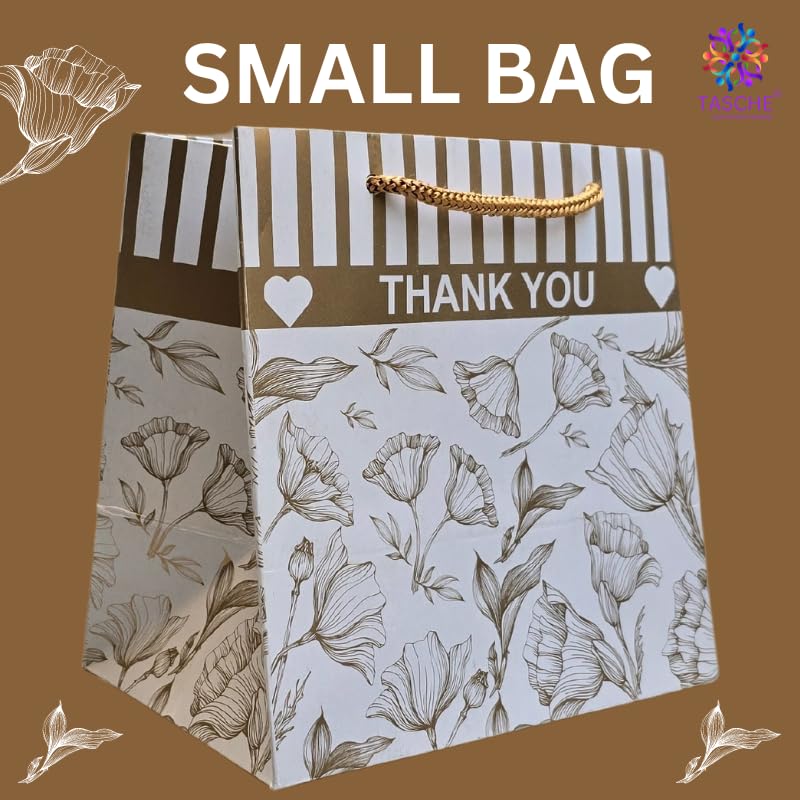 Golden Floral Design Thank You Gift Bags - Elegant Paper Favor Bags for Birthday, Wedding, Baby Shower & Holiday Presents (Pack of 10, 6x4x6 Inches) - Perfect for Party Favors, Bridesmaid Gifts & Special Occasions