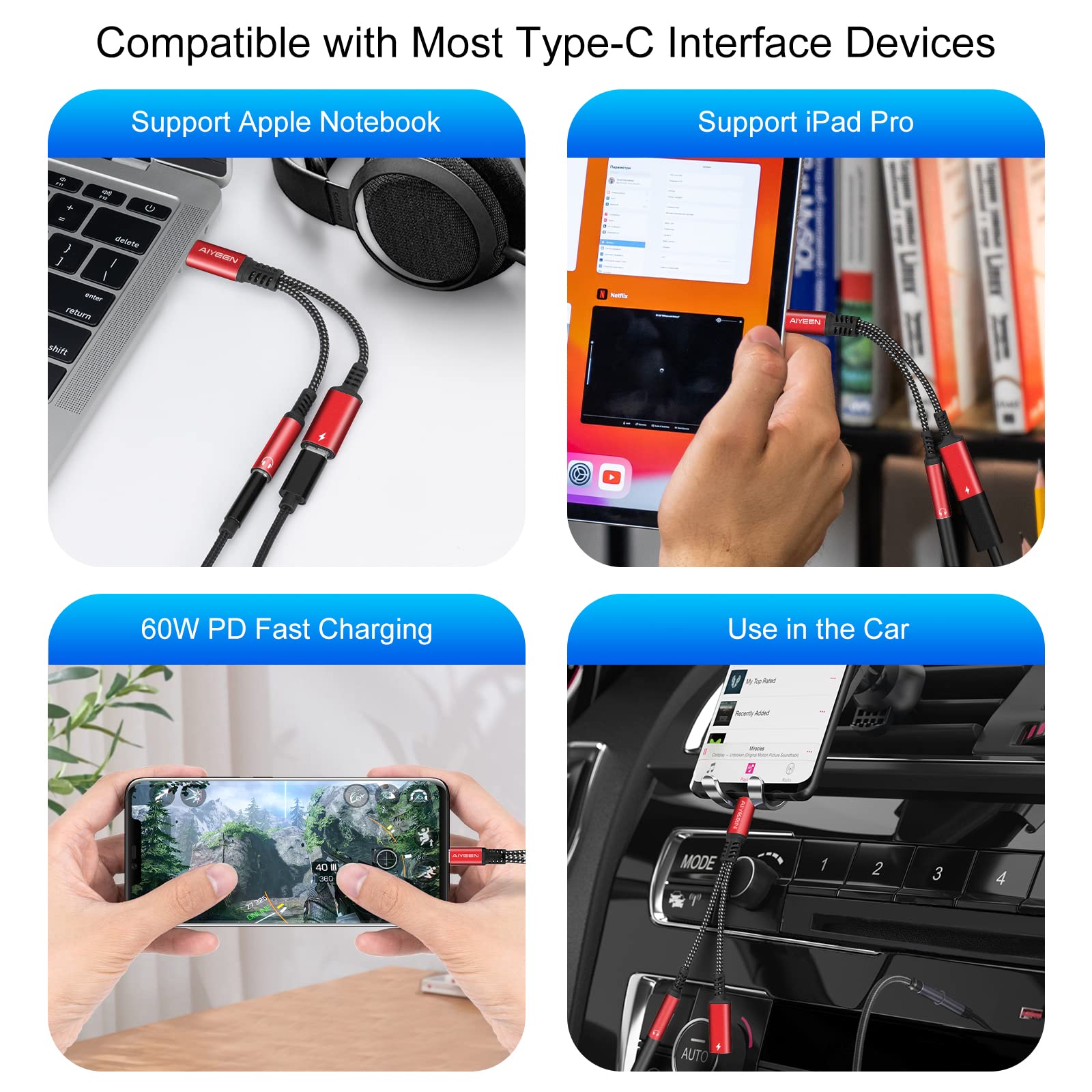 AIYEEN 2-in-1 USB C to 3.5mm Headphone & 60W PD 3.0 Fast Charger Adapter - USB-C Audio Jack & Quick Charge Dongle for Google Pixel, Samsung Galaxy (Red) - Perfect for Travel, Gaming & Charging On-The-Go