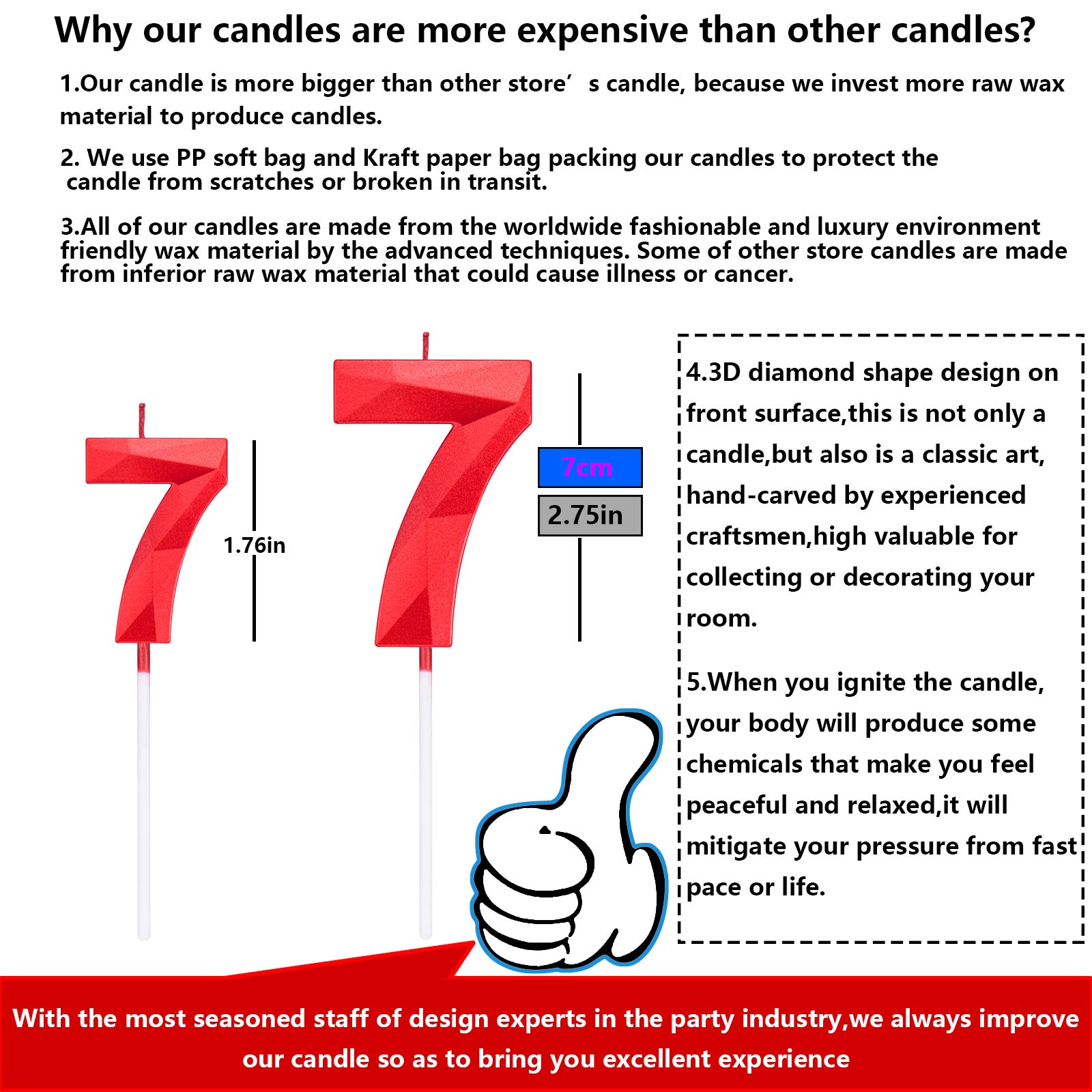 2.75 Inch Tall 3D Diamond Shaped Bright Red Number 7 Birthday Cake Candles - Premium Cake Topper for Adult & Kids Birthday Parties, Family Celebrations, Baking Decorations - Perfect for Birthday Cakes, Cupcakes, and Dessert Displays