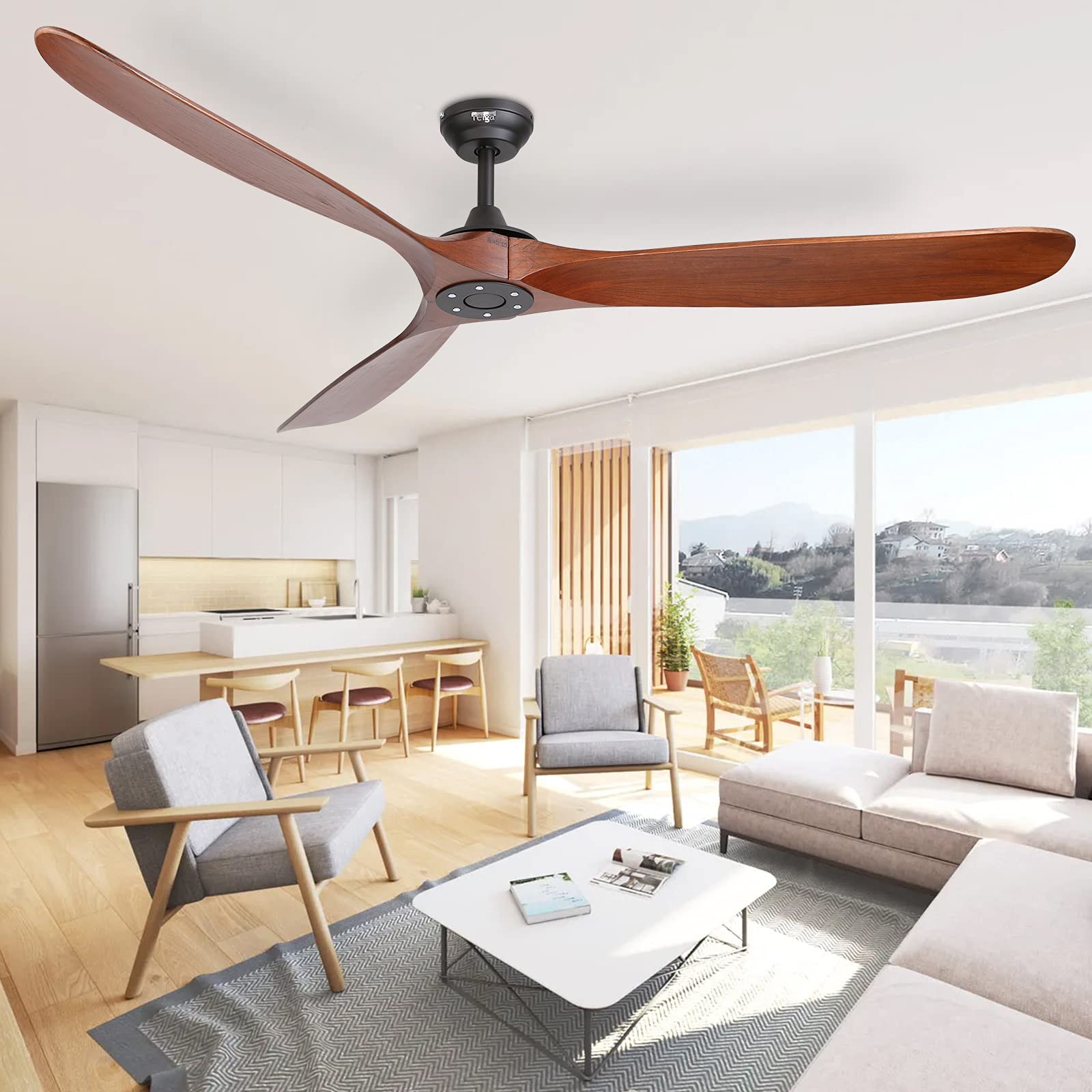 Reiga 70 Inch Large Wood Ceiling Fan Without Light - 3 Blade Indoor/Outdoor High Airflow Silent Smart Ceiling Fan with Remote Control - Perfect for Living Room, Bedroom, Exterior Patio, Porch, and Outdoor Spaces