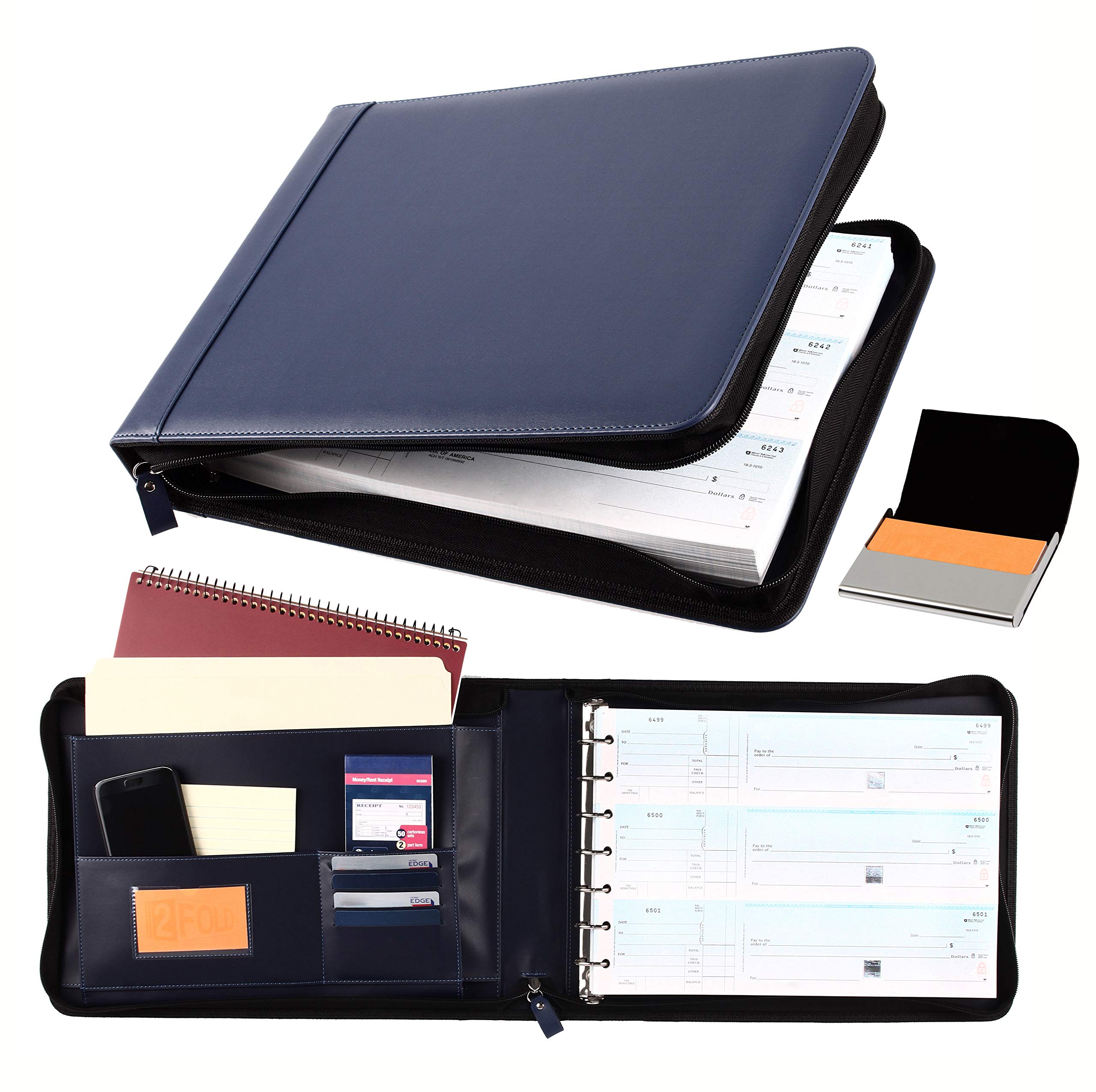2Fold Zippered Business Checkbook - 7 Ring Binder for Checks with Built-in Organizer & Business Card Holder - PU Leather Portfolio for 600 3-Up Checks (Blue) - Perfect for Accountants, Small Business Owners & Office Professionals