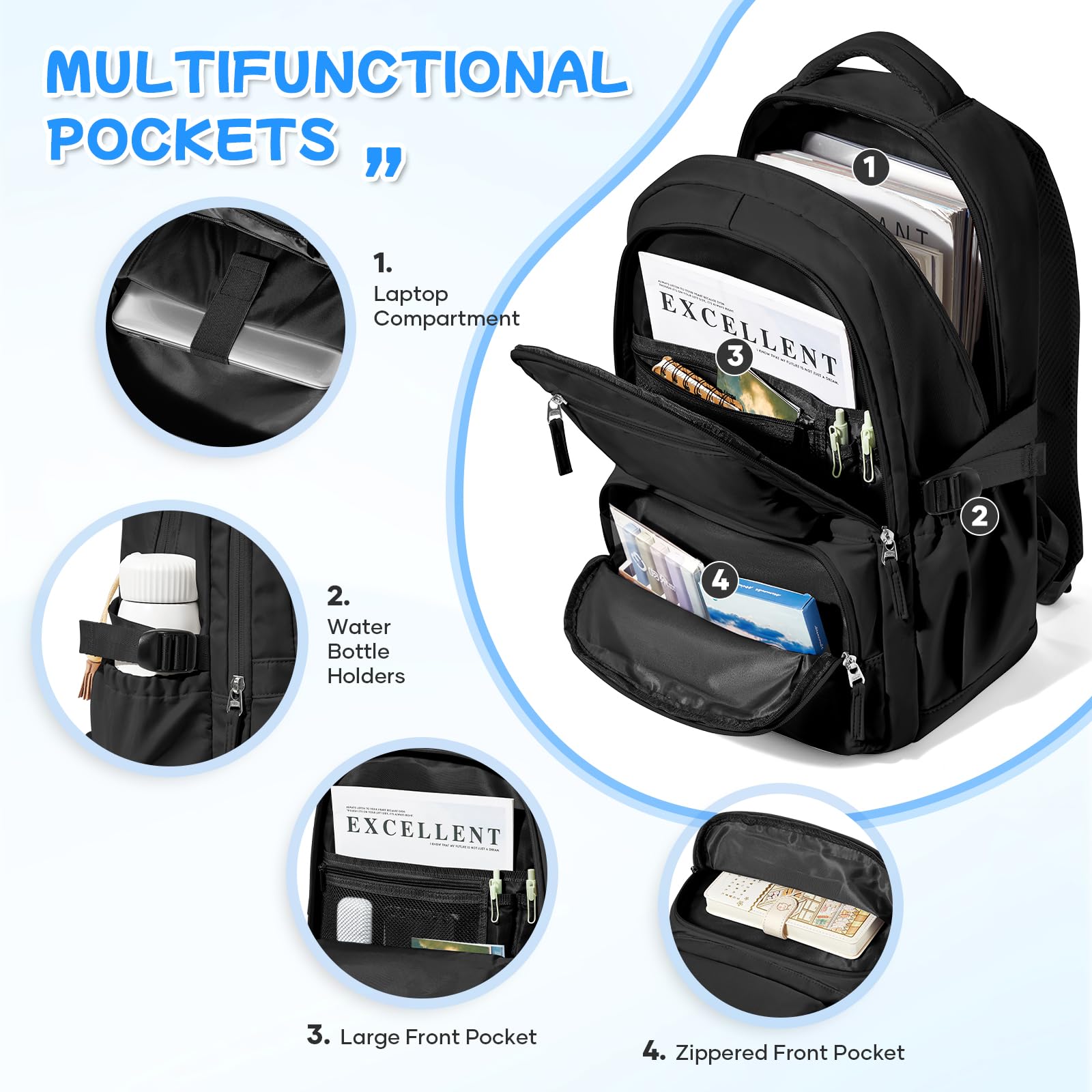 Stylish Black Backpack for Women & Men - Durable School Backpack with Laptop Compartment (15.6 Inch), Gym & Travel Backpack for College Students - Perfect for School, Work, Commuting & Outdoor Adventures