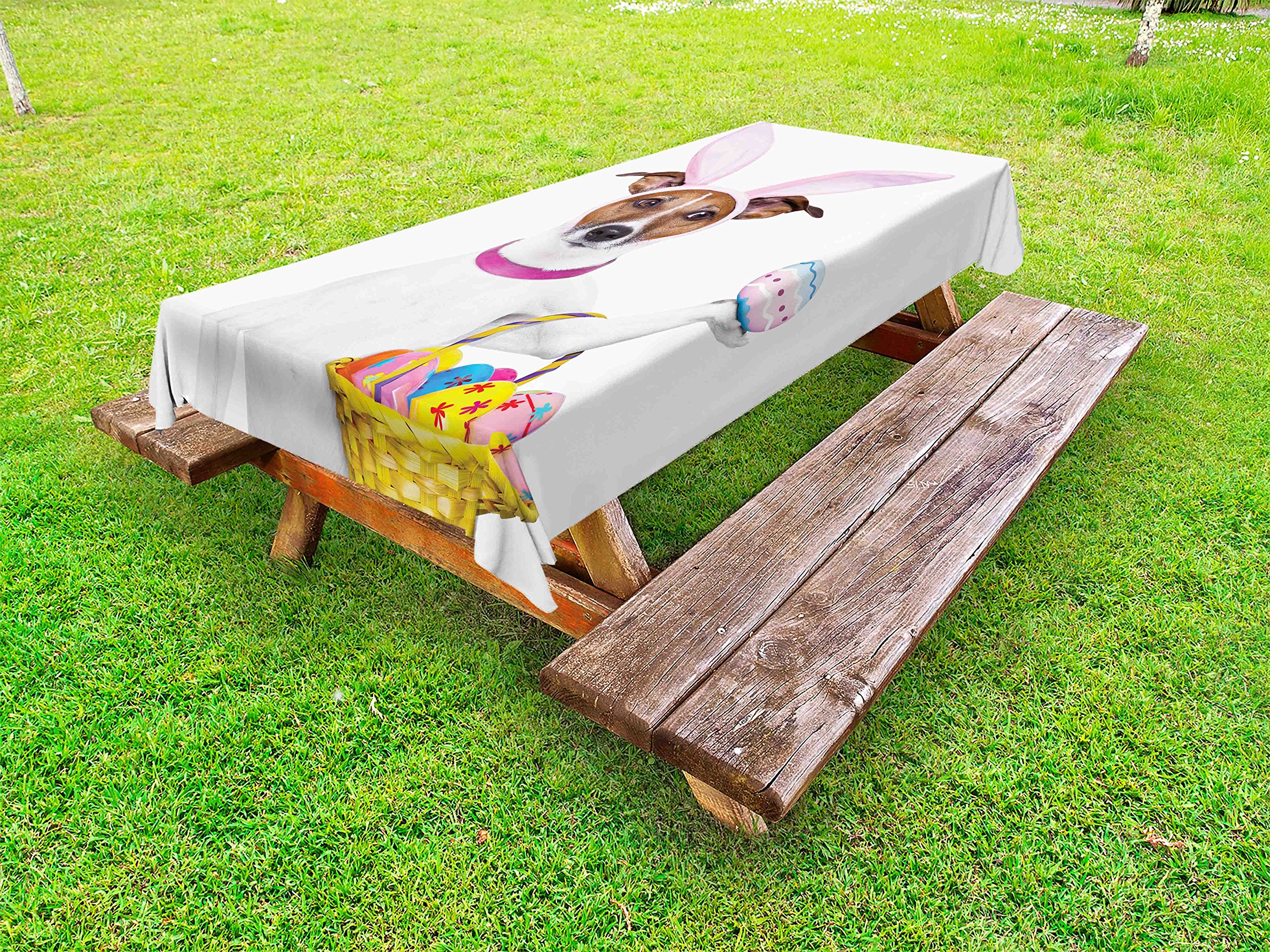 Ambesonne Easter Tablecloth - Funny Dog Dressed as Bunny with Egg Basket Design | Washable Outdoor Picnic Table Cover 58x120 Inches | Perfect for Easter Brunch, Garden Parties & Spring Decorations
