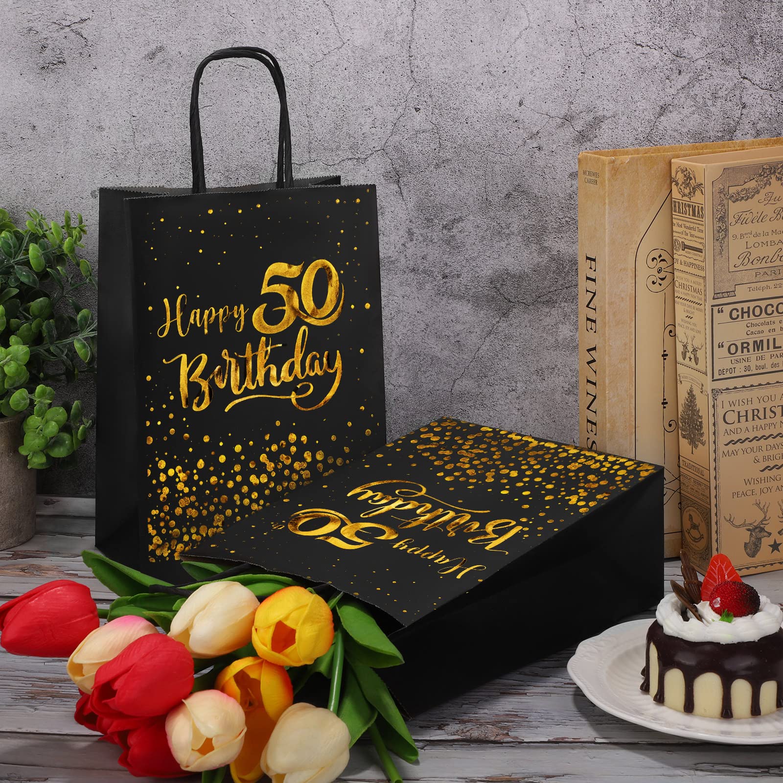 24 Pack Black & Gold 50th Birthday Gift Bags - Kraft Paper Party Favor Bags for Candy, Wedding, Anniversary Celebrations - Perfect for Birthday Parties, Retirement Events & Special Occasions
