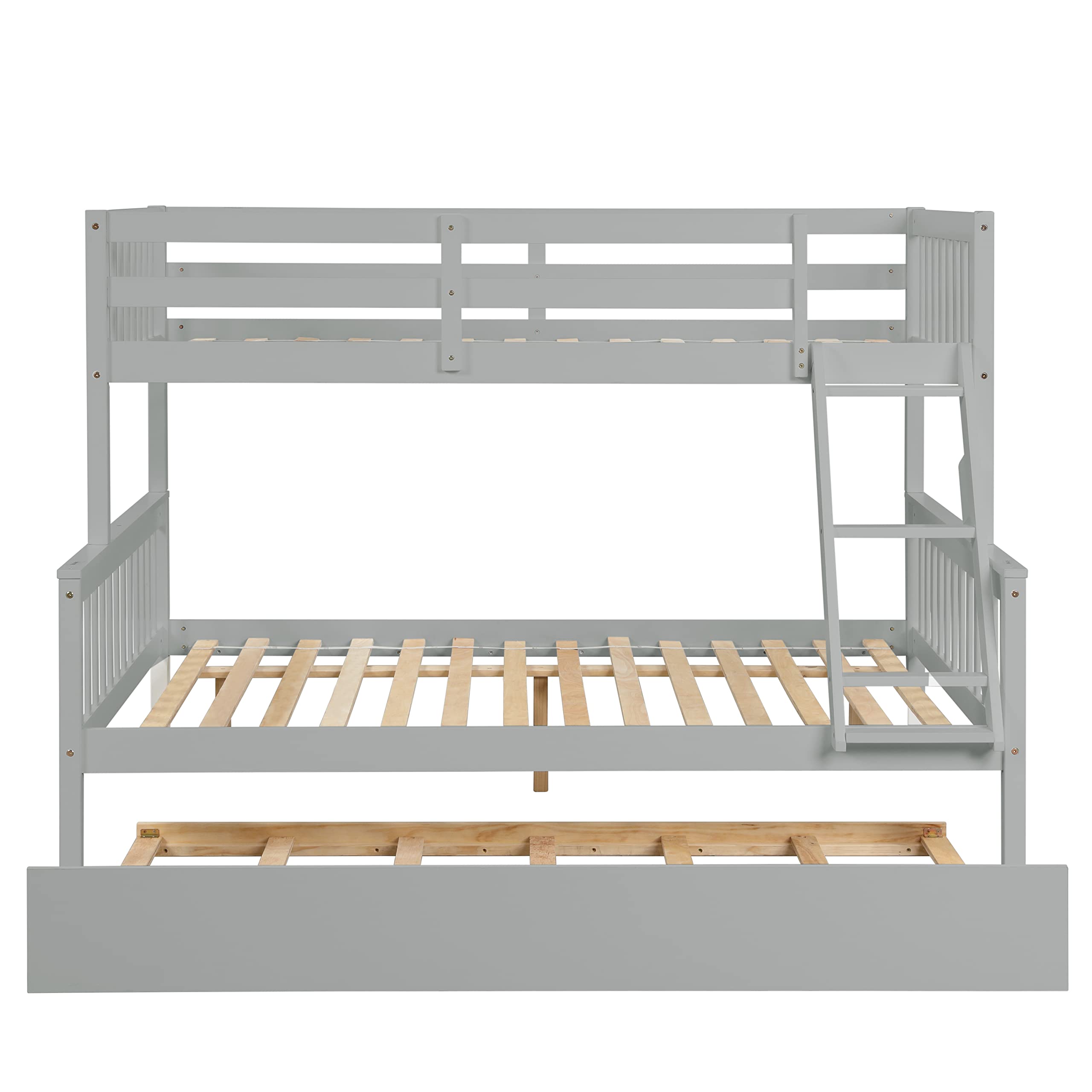 Twin Over Full Bunk Bed with Trundle - Convertible Wooden Bunk Bed Frame with Ladder & Safety Rails - Space-Saving Bedroom & Guest Room Furniture (Grey, Twin/Full) - Perfect for Kids' Rooms, Vacation Homes & Small Spaces
