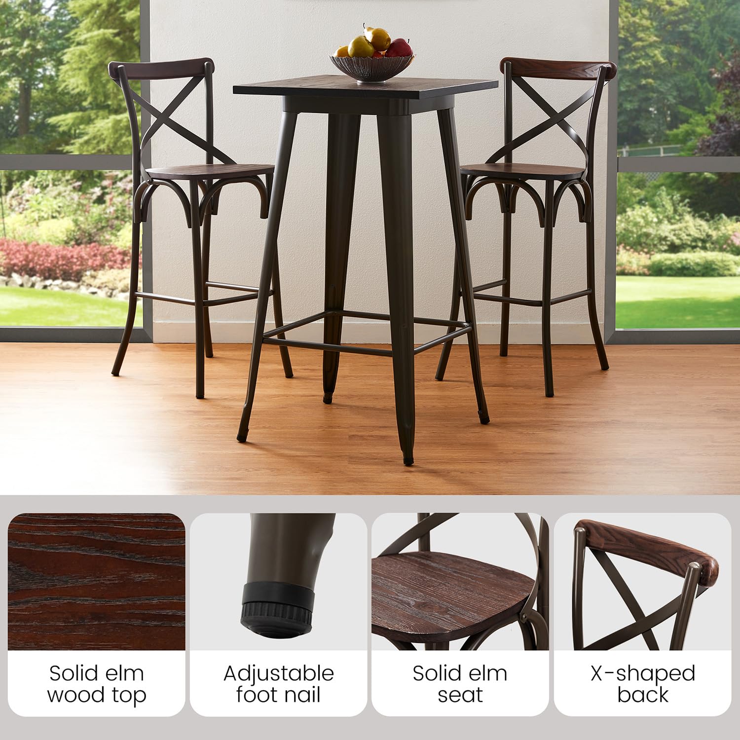 Glitzhome 3-Piece Rustic Steel Square Bar Table and High Back Bar Stools Set - Industrial Style Dining Table and Chairs for Kitchen, Pub, and Restaurant Use