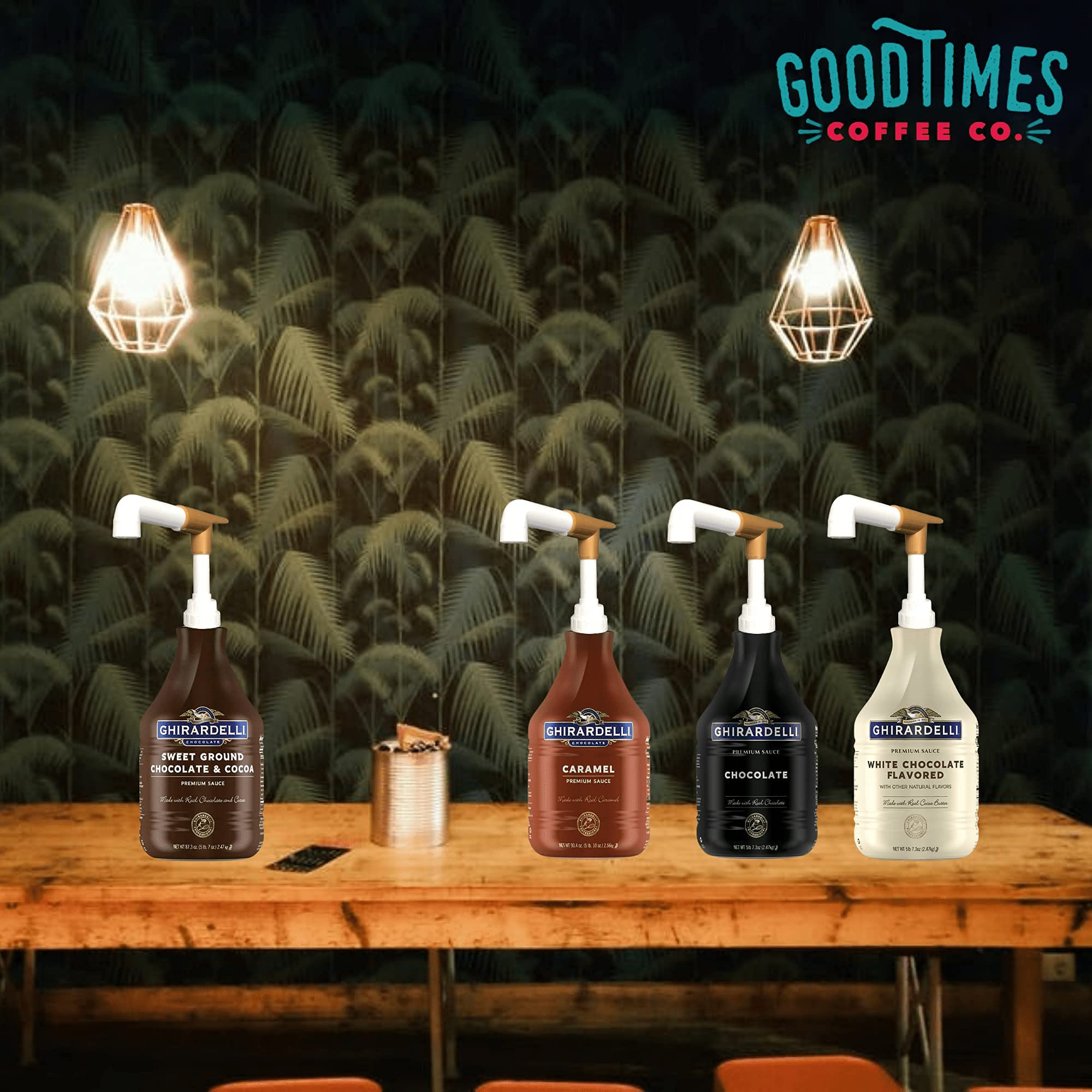 Good Times Coffee Co. Sauce Pump Dispenser (2-Pack) - Fits 87.3 to 90.4 Ounce Bottles - Gold Finish - Perfect for Coffee Shops, Restaurants & Home Kitchens