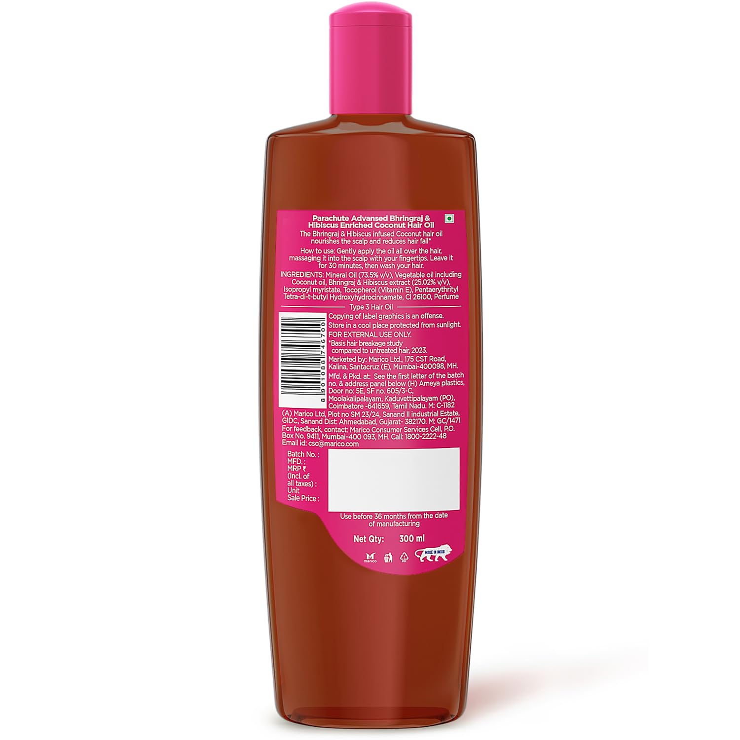 Bhringraj & Hibiscus Enriched Coconut Hair Oil for Hair Growth & Scalp Health - Reduces Hair Fall Up to 10x, Thicker Stronger Hair for Men & Women - 300ml - Perfect for Daily Hair Care & Styling Protection