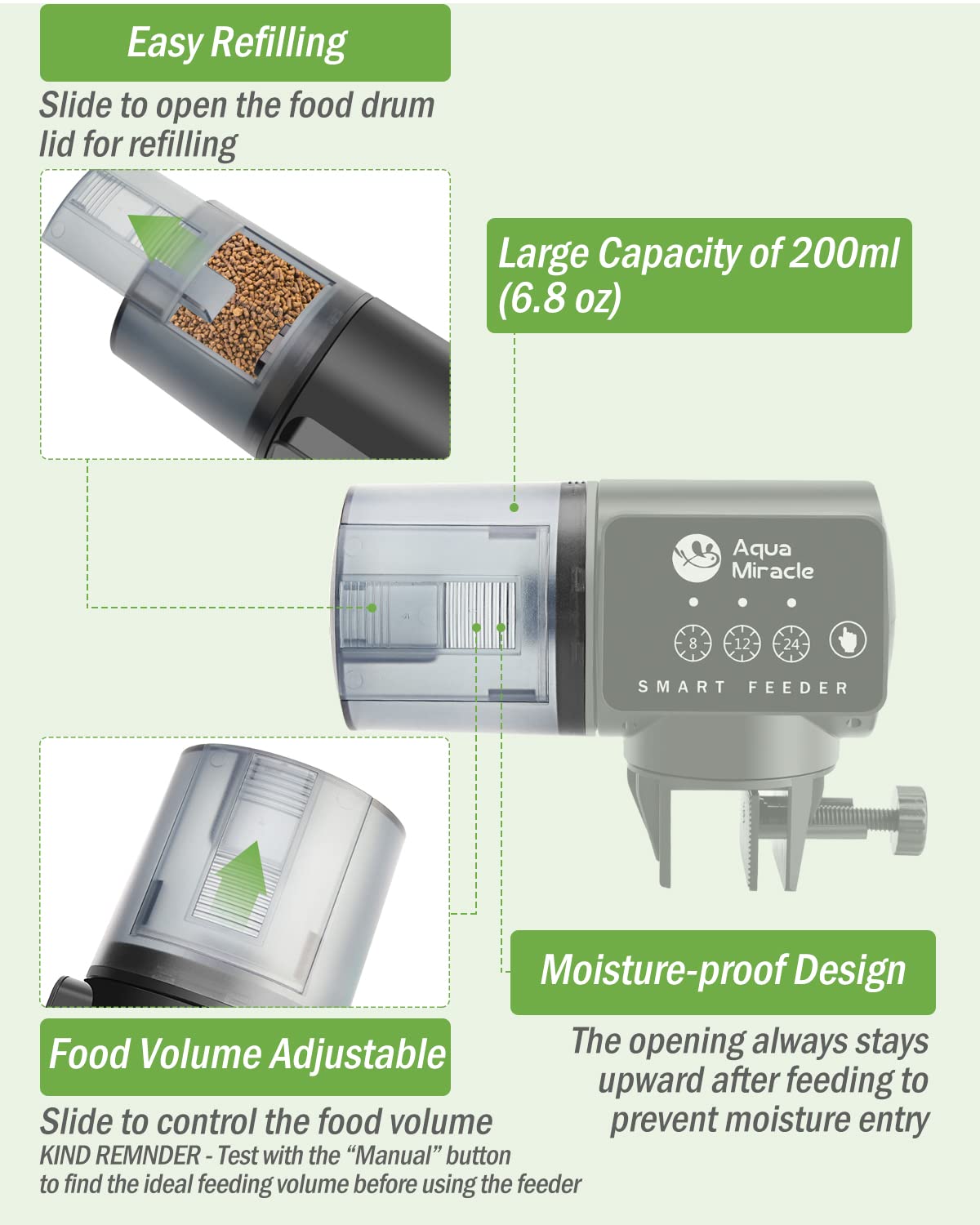 AquaMiracle Automatic Fish Feeder with Timer - Adjustable Food Dispenser for Aquarium Pellets, Granules & Flakes | Perfect Vacation & Weekend Fish Food Feeder for Freshwater & Saltwater Tanks