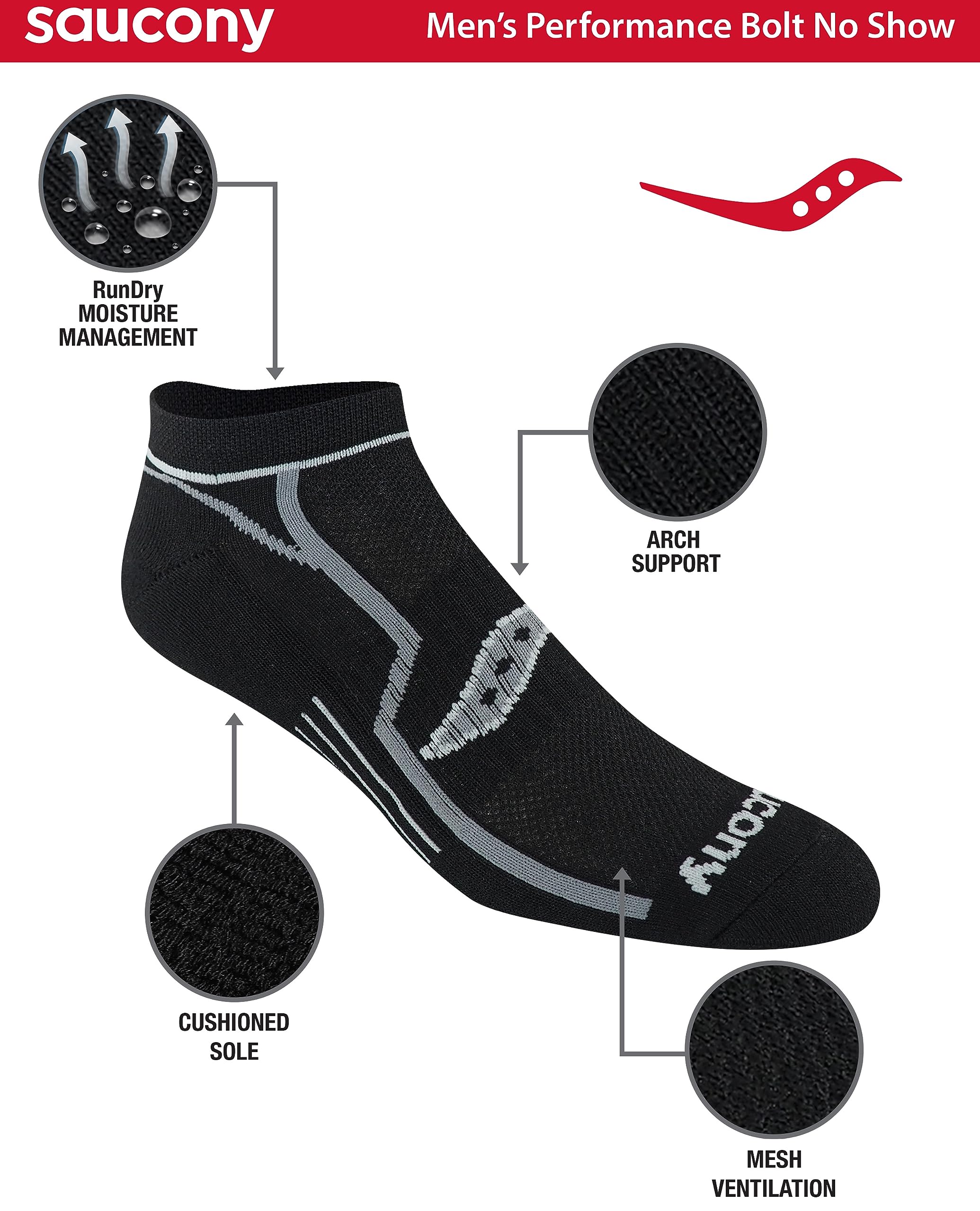 Saucony Men's Running Socks - Moisture Wicking No-Show Athletic Socks for Jogging & Workouts (6/12/18 Packs, Sizes M-XXL) - Perfect for Marathon Training & Gym Sessions