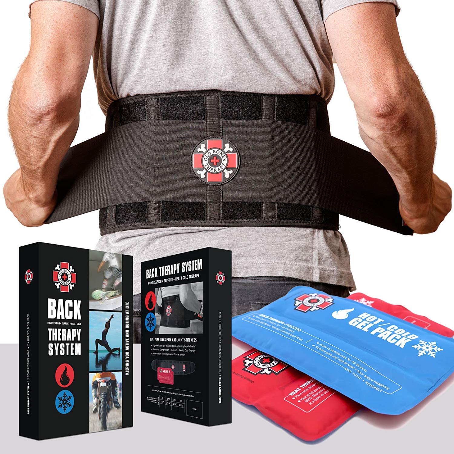 Old Bones Therapy Lower Back Brace with Adjustable Straps & Hot/Cold Gel Packs - Lumbar Support Belt for Back Pain Relief (S/M, Fits 27-34 Inches) - Ideal for Work, Sports & Post-Surgery Recovery