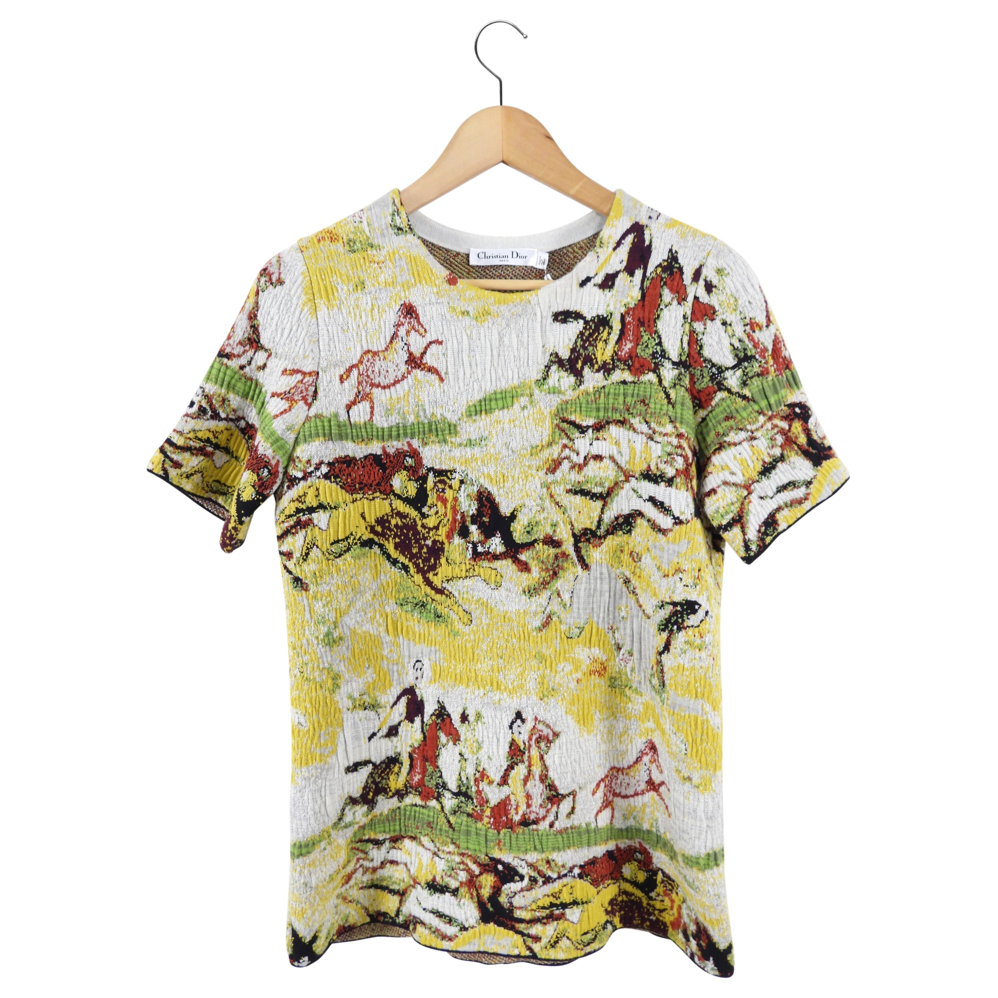 Dior Textured Knit Short Sleeve Hunting Scene Top Women's Blouse Size FR40 / US 8 - Elegant Casual Wear for Spring & Summer Outings