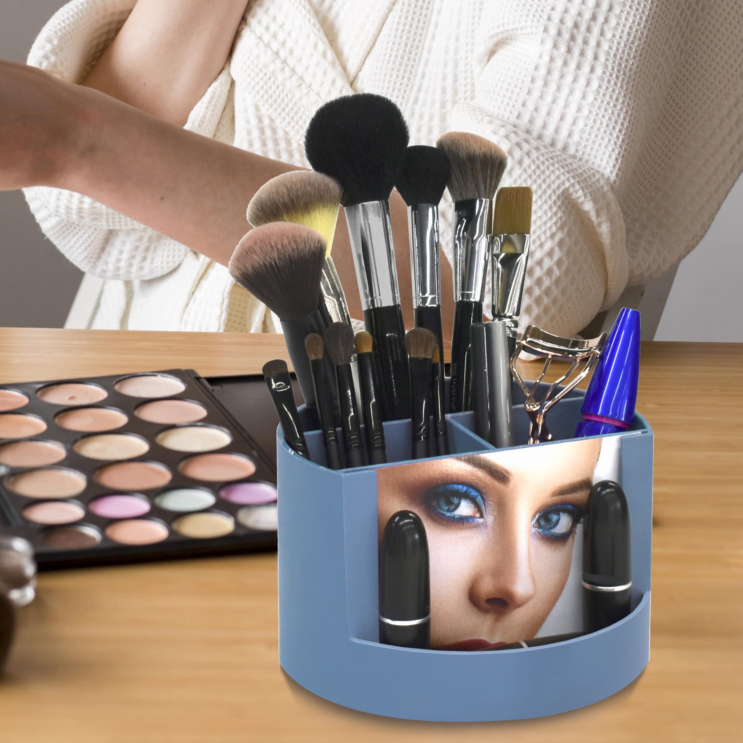 Acrimet Compact Desktop Organizer - 4 Spacious Slots Round Pencil Holder with Photo Frame | Perfect for Office Desk, Art Supplies Storage, Vanity Organizer & Home Organization | Durable Solid Blue Plastic | Great for Workstations, Craft Rooms & Bedroom Vanities