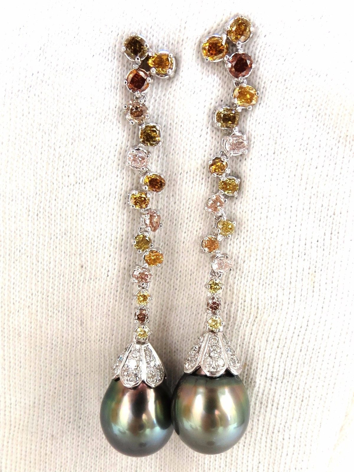 12.70mm Natural Tahitian Pearl Dangle Earrings with Diamond Accents in 14K Gold - Perfect for Weddings, Parties & Special Occasions