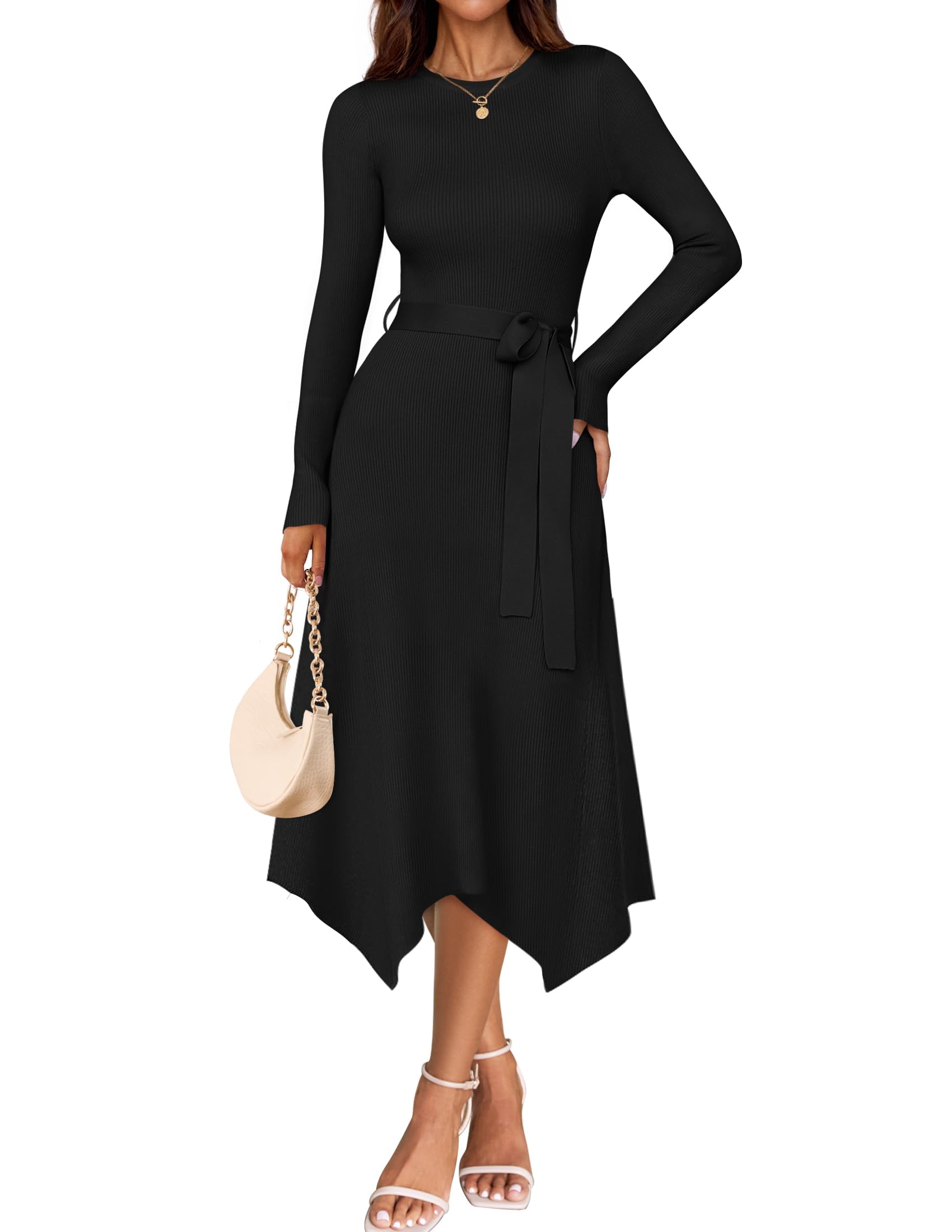 ZESICA Women's 2025 Spring Long Sleeve Ribbed Knit Sweater Dress with Belt - High Waist Midi Dress for Casual Outings, Office Wear & Date Nights