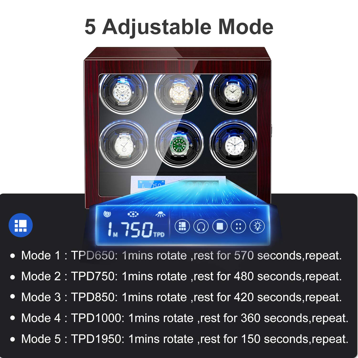 JQUEEN 6 Watch Winder with Piano Finish & High-Gloss Lacquer - Adjustable Watch Pillows, Quiet Japanese Mabuchi Motor, Built-in LED Light - Perfect for Automatic Watch Collection, Display & Storage at Home/Office